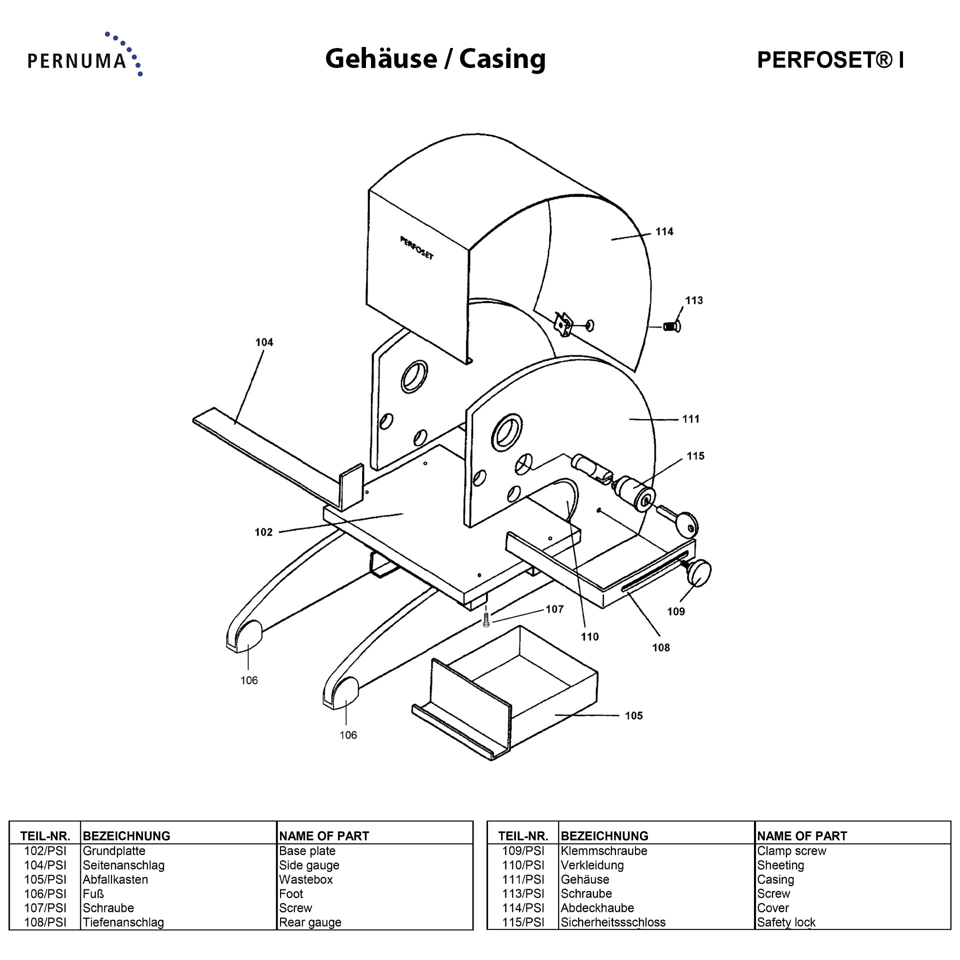 Explosionsdarstellung des Gehäuses der PERNUMA PERFOSET I mit Grundplatte, Abdeckhaube, Seitenanschlag, Tiefenanschlag, Abfallkasten, Füßen und Sicherheitsschloss.