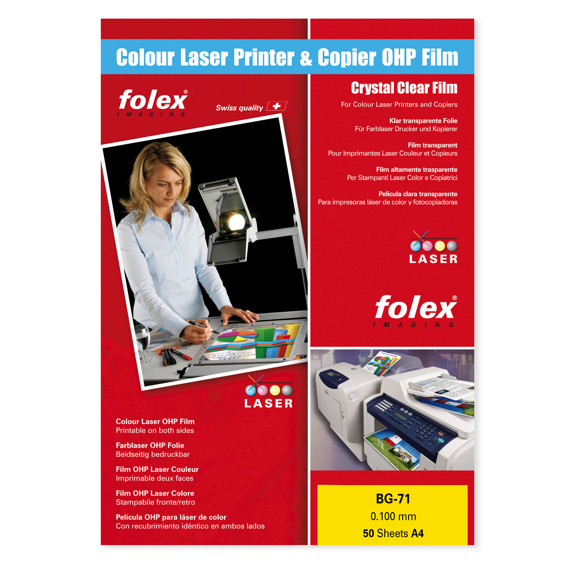 Folex Overheadfolie für Farblaserdrucker Rote Folex-Verpackung für klare, beidseitig bedruckbare Overheadfolie für Farblaserdrucker und Kopierer