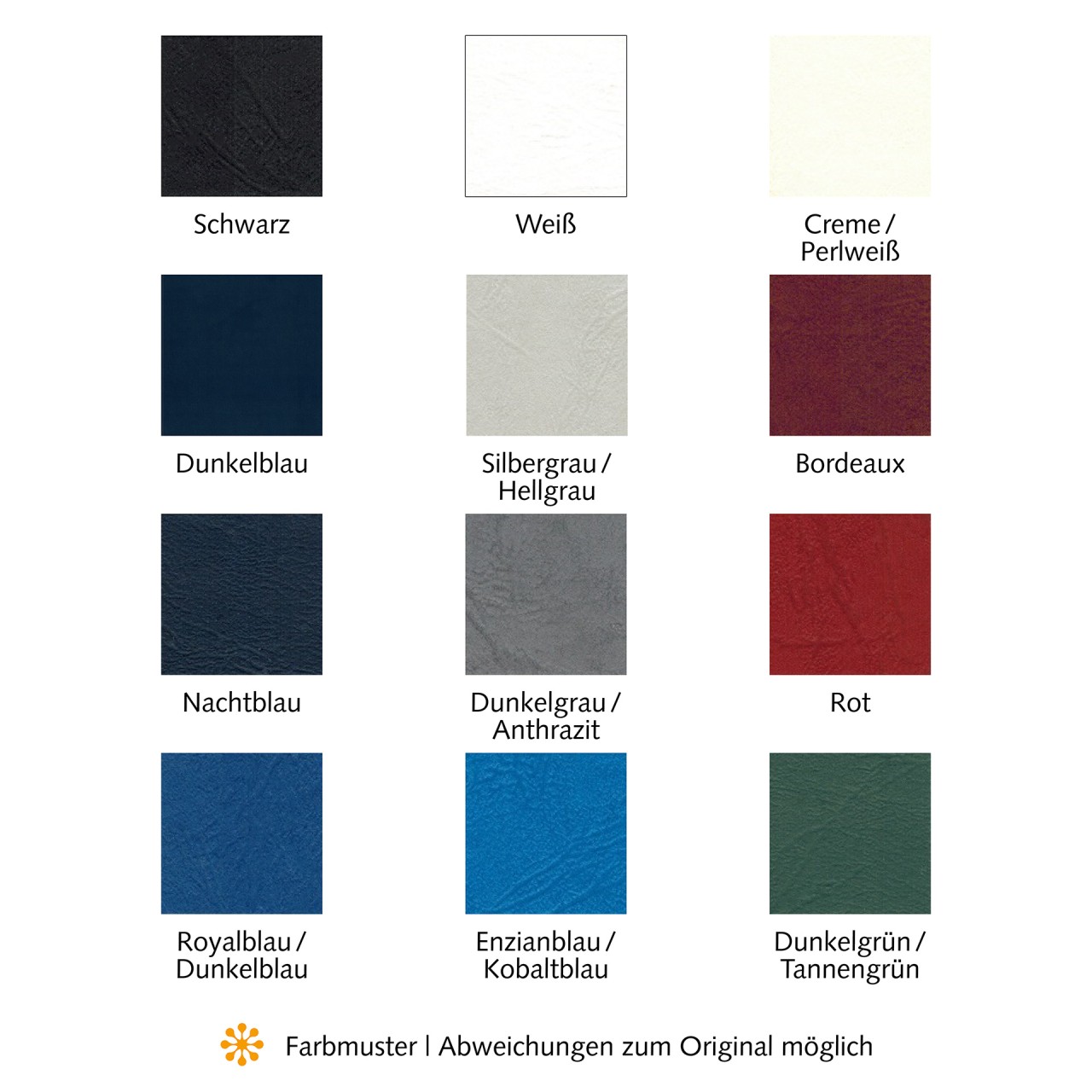 Darstellung und Übersicht der Farben für Strukturkartons von Mappen. Grafik: Darstellung und Übersicht der Farben für Strukturkartons von Mappen.