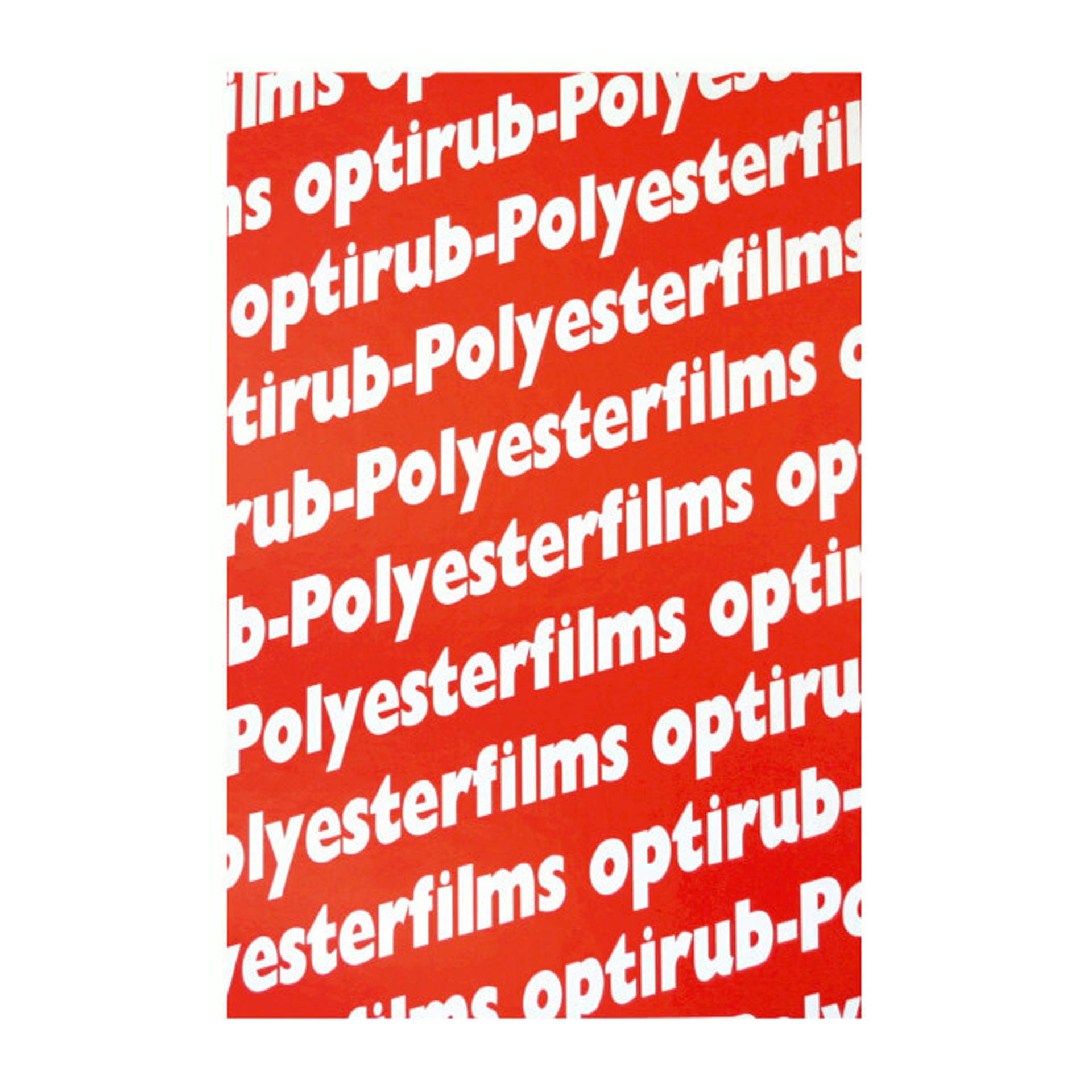 Optirub Polyesterfolie Rotes Folienblatt mit mehrfach wiederholtem weißen Schriftzug „optirub-Polyesterfilms“