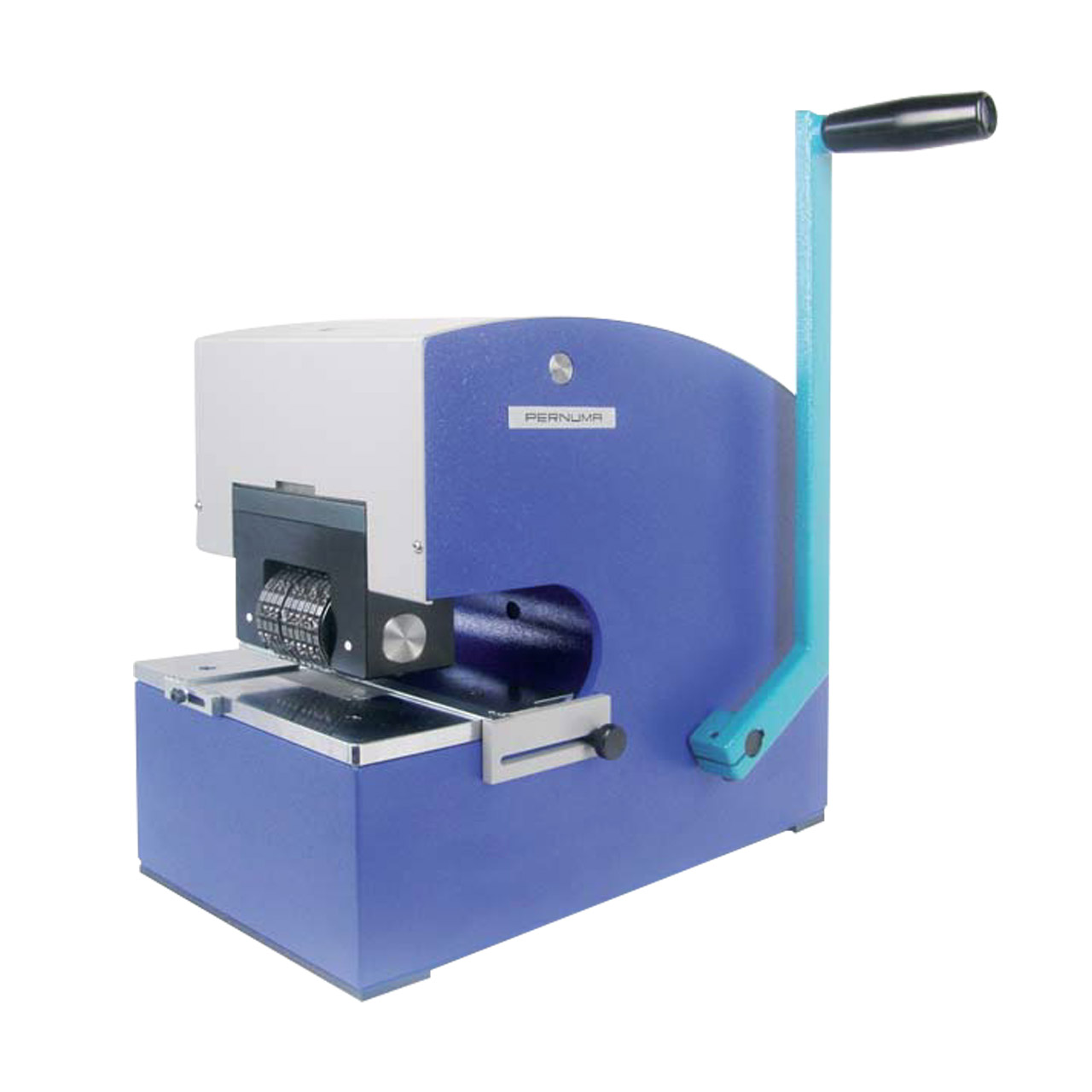 Metallprägemaschine PERNUMA METALLPRINT II PERNUMA METALLPRINT II Metall-Prägegerät in schräger Frontansicht mit seitlichem Handhebel und sichtbarem Prägebereich auf der Tischfläche