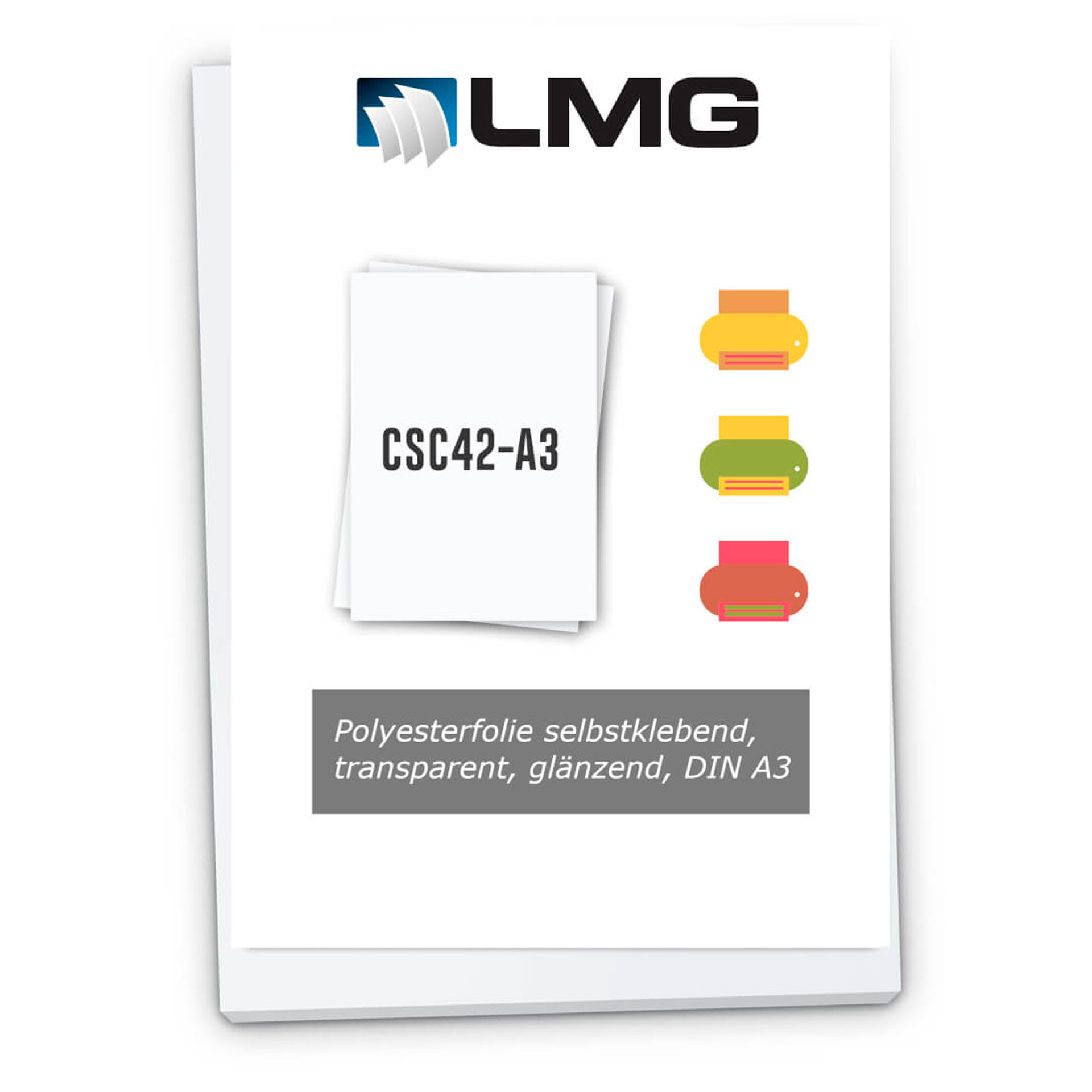 LMG Polyesterfolie DIN A3 glänzend LMG-Produktdarstellung mit Folienstapel und Aufschrift „Polyesterfolie selbstklebend, transparent, glänzend, DIN A3“