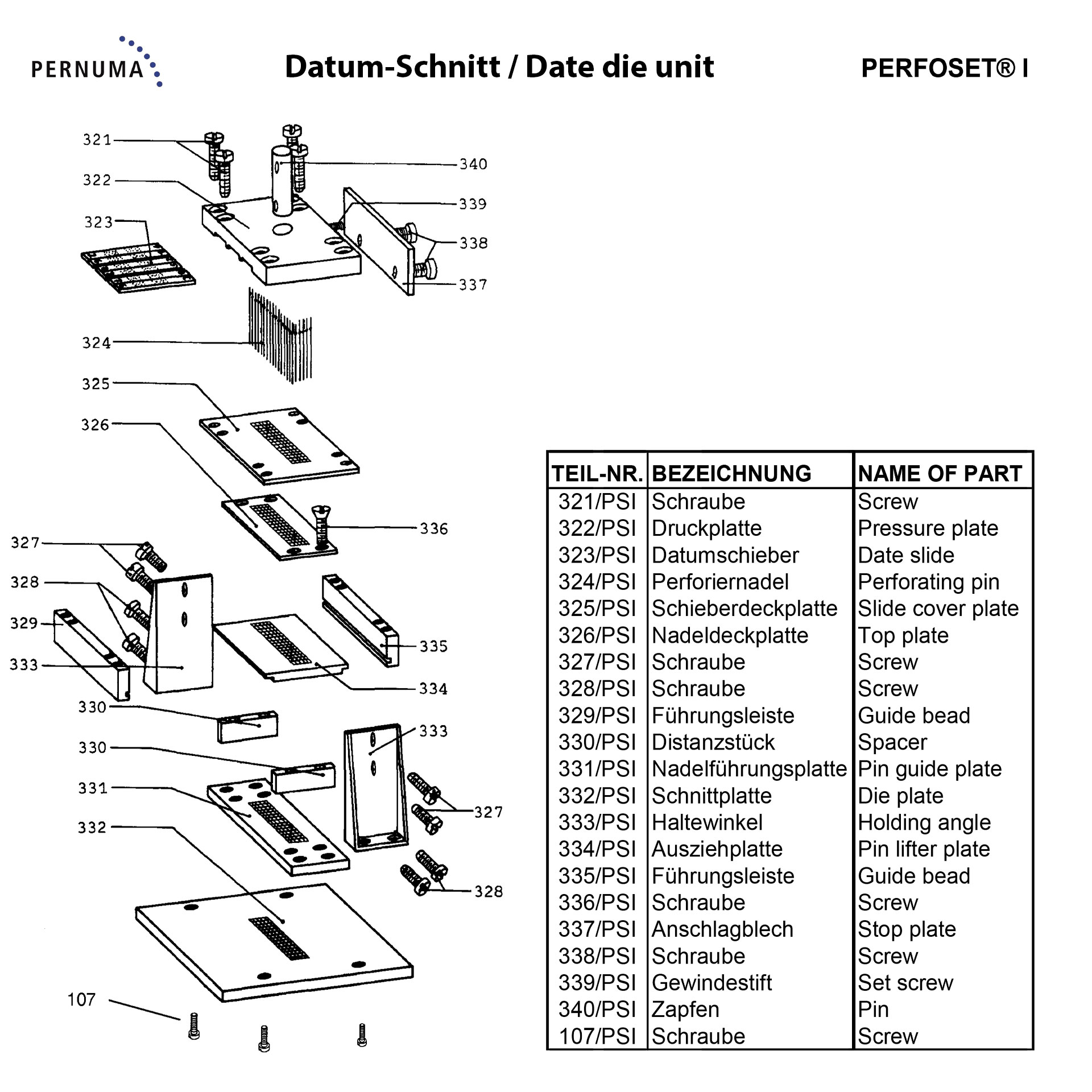 Explosionszeichnung der Datum-Schnitteinheit der PERNUMA PERFOSET I mit Datumschieber, Druckplatte, Perforiernadeln, Führungsleisten, Schnittplatte und Haltewinkeln.
