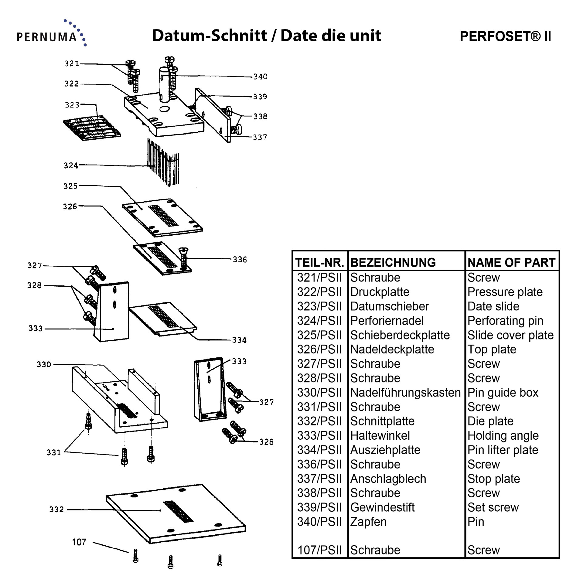 Explosionszeichnung der Datum-Schnitteinheit der PERNUMA PERFOSET II mit Druckplatte, Datumschieber, Perforiernadeln, Nadelführungskasten, Schnittplatte, Haltewinkeln, Anschlagblech sowie sämtlichen Befestigungsschrauben.