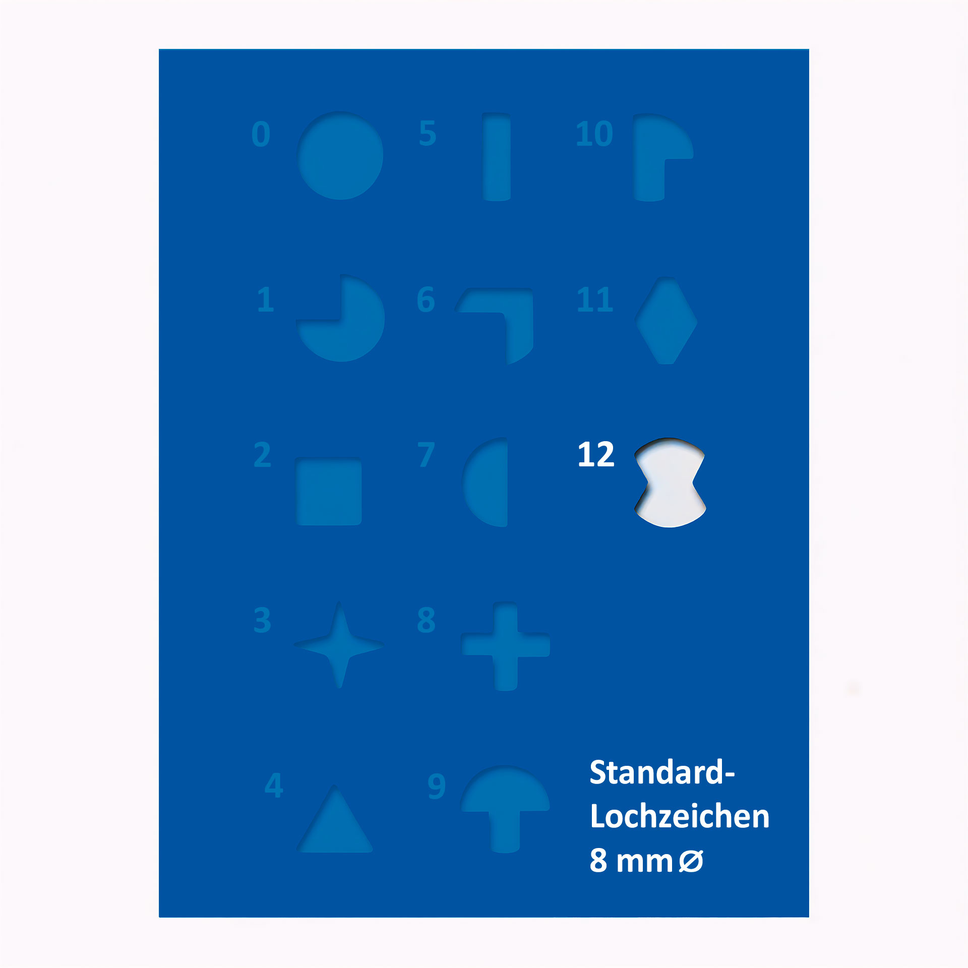 Übersichtstafel mit verschiedenen 8-mm-Lochzeichen; hervorgehoben ist das Symbol Nr. 12 mit doppelt geschwungener Form.