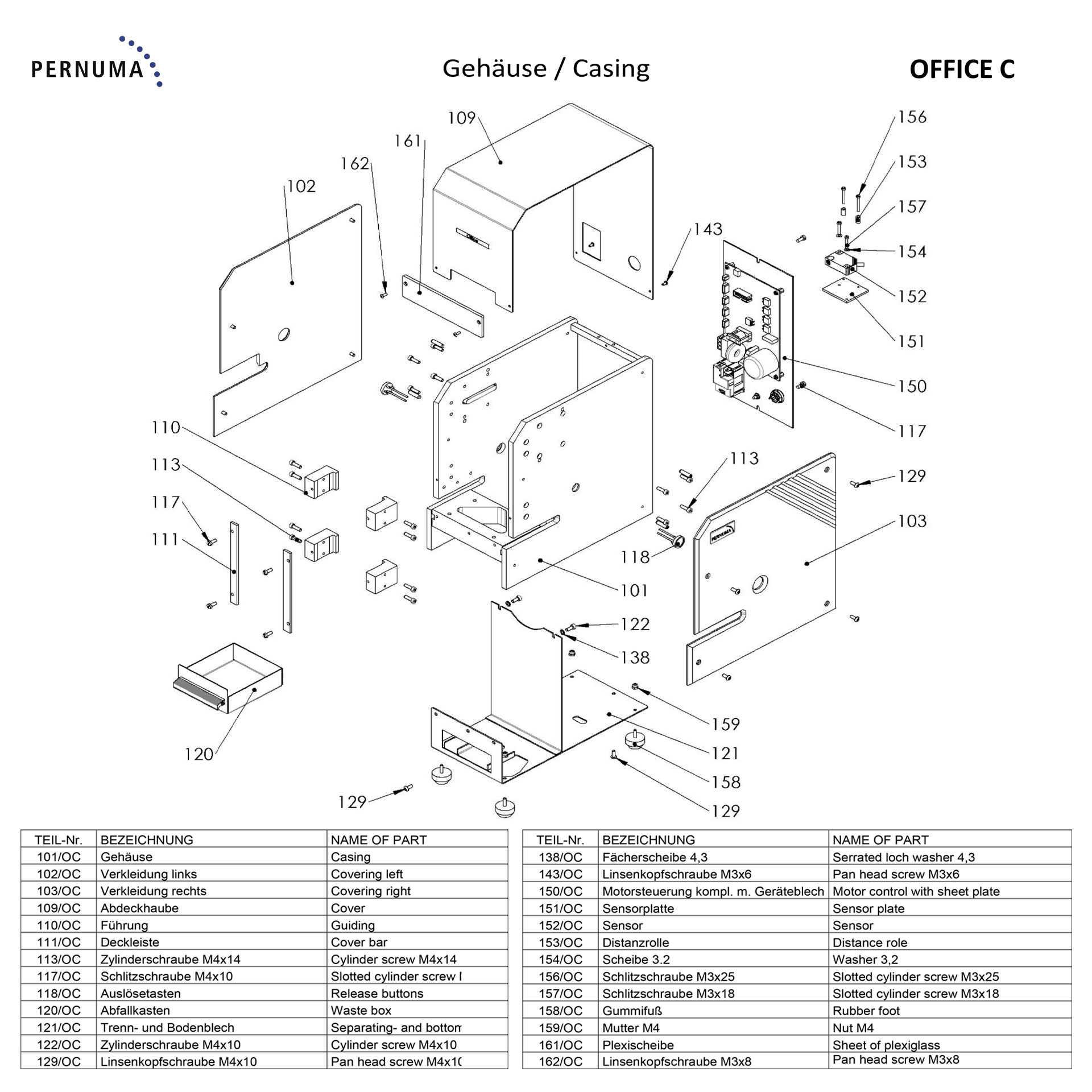 Explosionszeichnung des Gehäuses der PERNUMA OFFICE C mit Verkleidungsteilen, Abdeckhaube, Motorsteuerung, Sensorik, Schrauben und Gummifüßen.