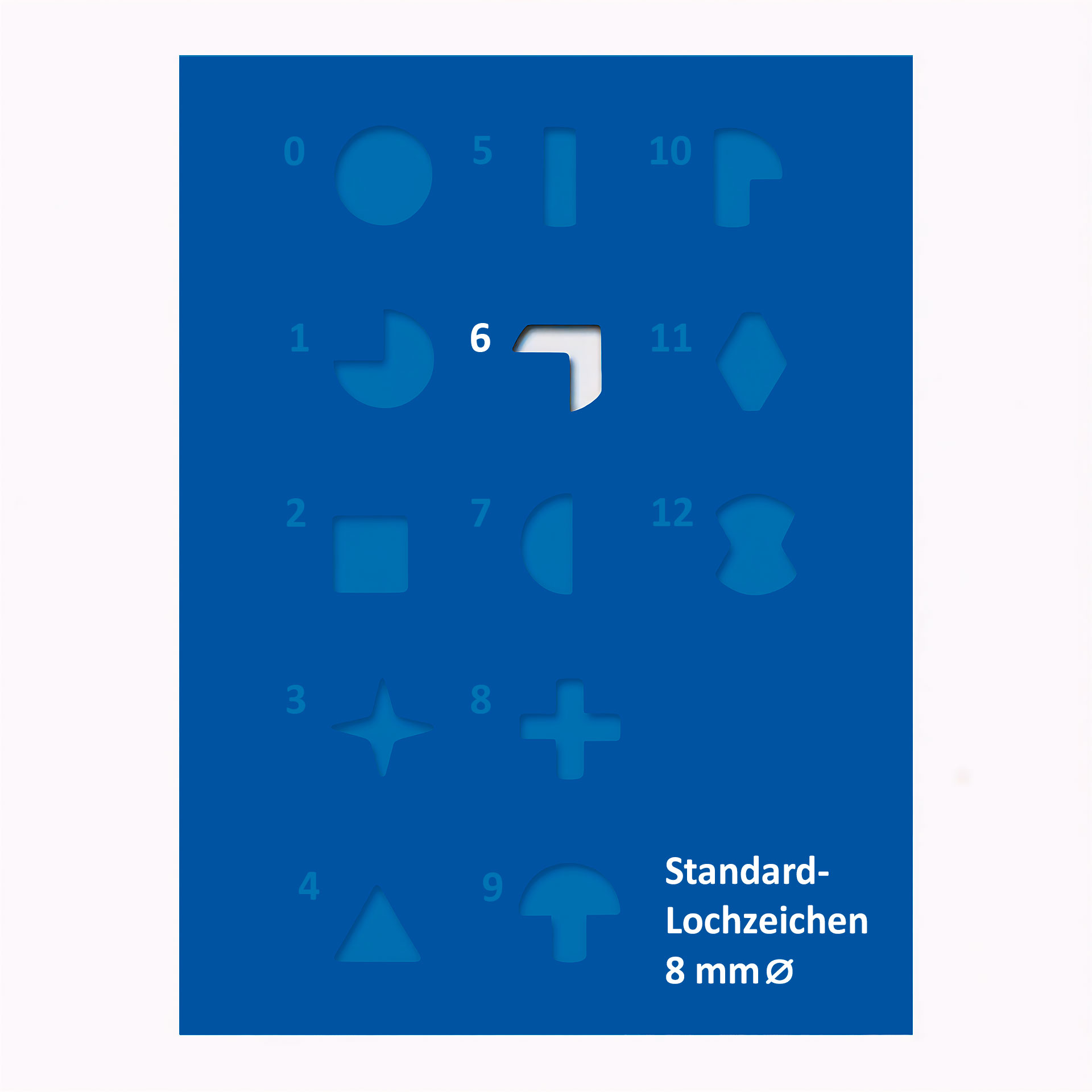 Übersichtstafel mit verschiedenen 8-mm-Lochzeichen; hervorgehoben ist das Symbol Nr. 6 als Winkel.