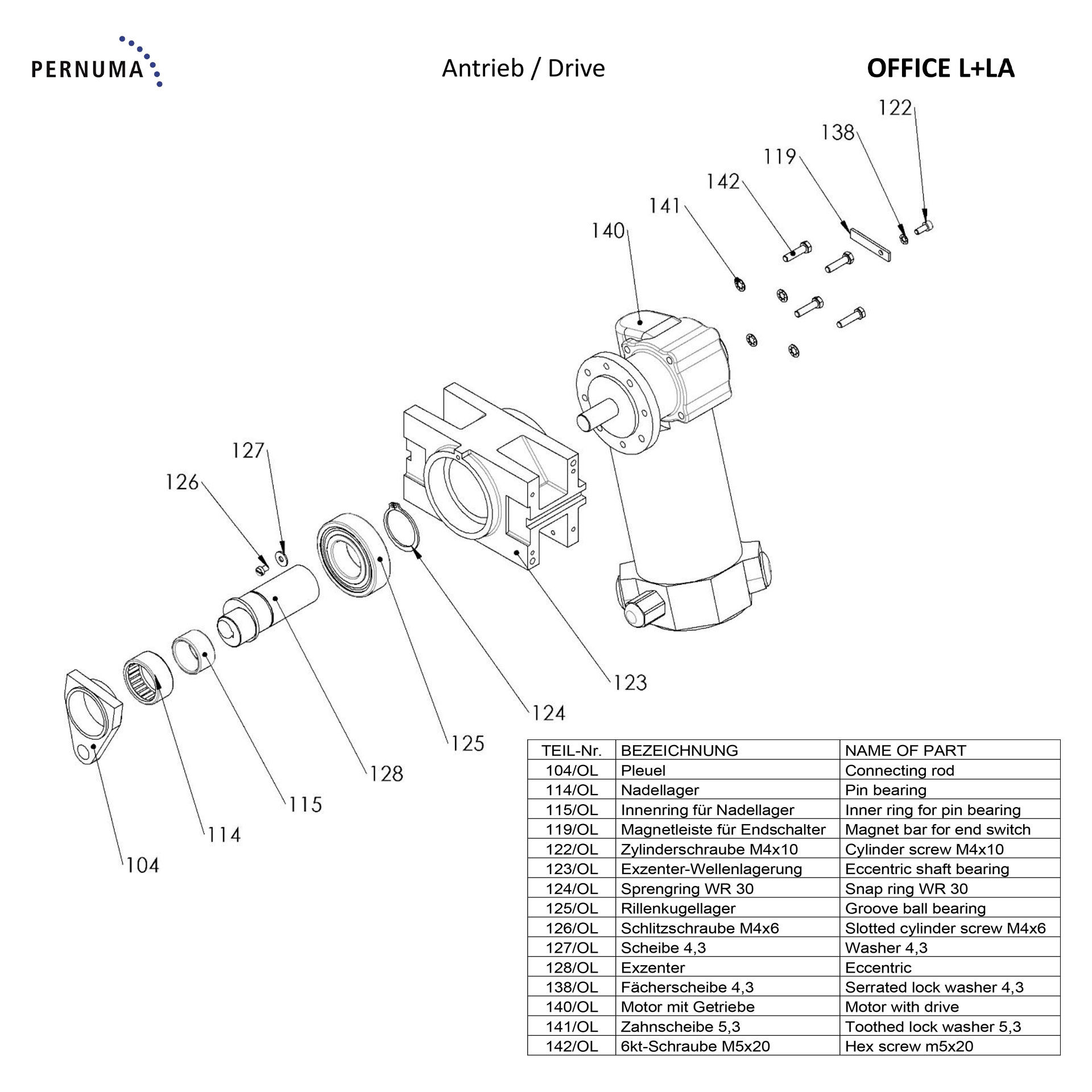 Explosionszeichnung des Antriebs der PERNUMA OFFICE L+LA mit Motor-Getriebeeinheit, Exzenter, Lagern, Pleuel und Befestigungselementen.