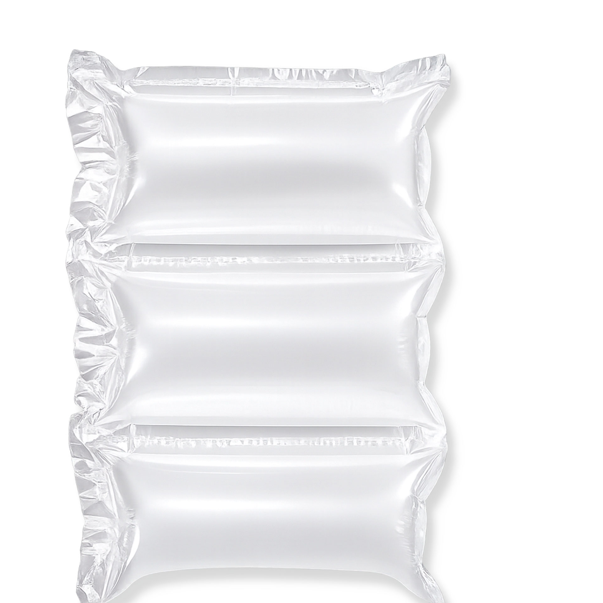 Frontansicht eines Streifens transparenter, aufgeblasener Luftkissen mit drei rechteckigen Luftkammern für Luftpolstermaschinen auf weißem Hintergrund.Luftkissenfolie 200 × 100 mm, Frontansicht Frontansicht eines Streifens transparenter, aufgeblasener Luftkissen mit drei rechteckigen Luftkammern für Luftpolstermaschinen auf weißem Hintergrund.