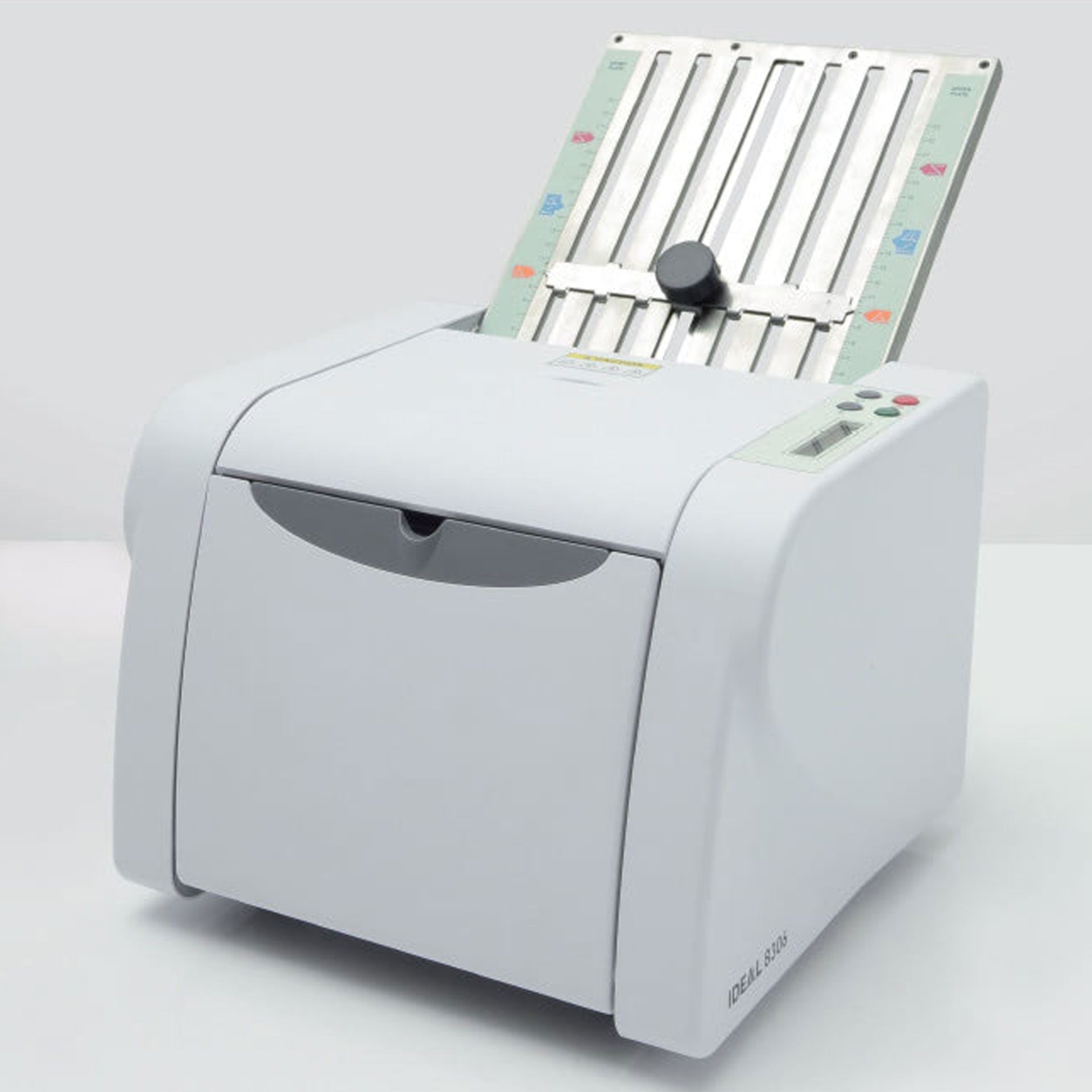 ideal 8306 falzmaschine ansicht-kompakte abmessungen ideal 8306 falzmaschine ansicht von vorne rechts mit ansicht der kompakten abmessungen