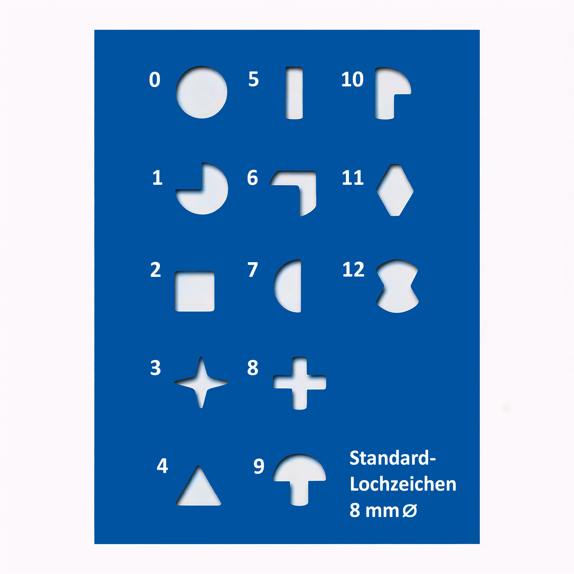 Übersicht Standard-Lochzeichen 8 mm Übersicht mit allen Standard-Lochzeichenformen von 0 bis 12 für 8-mm-Lochstanzungen.