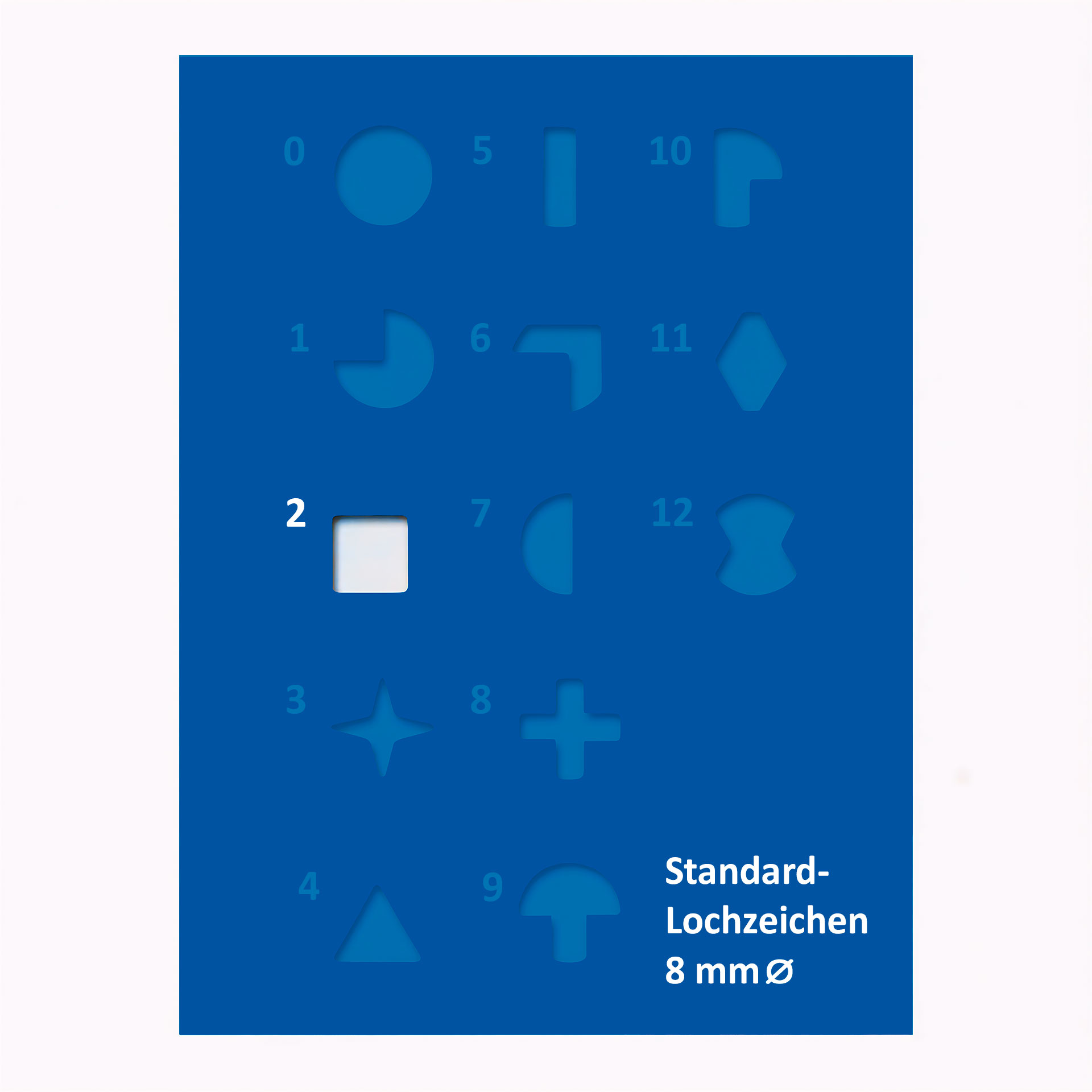 Übersichtstafel mit verschiedenen 8-mm-Lochzeichen; hervorgehoben ist das Symbol Nr. 2 als quadratische Form.