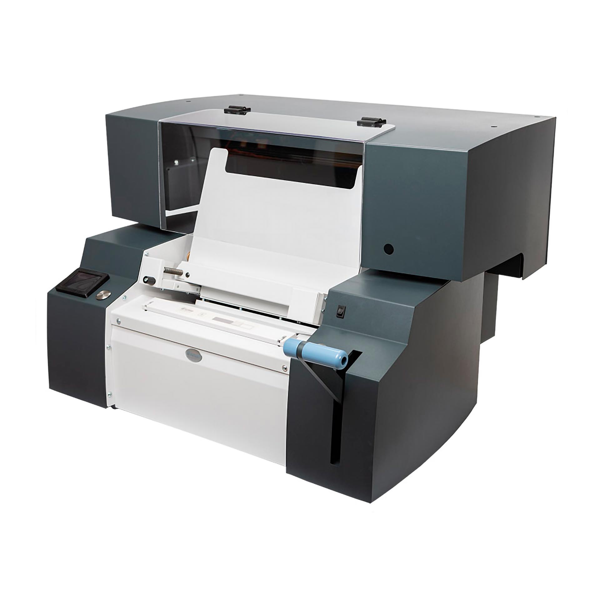 Fastbind ONE Sense Ultra Automatischer Hotmelt-Heißklebebinder Fastbind ONE Sense Ultra für DIN A4, schräg von vorn mit geöffneter Buchauflage, Touchscreen und seitlichem Hebel