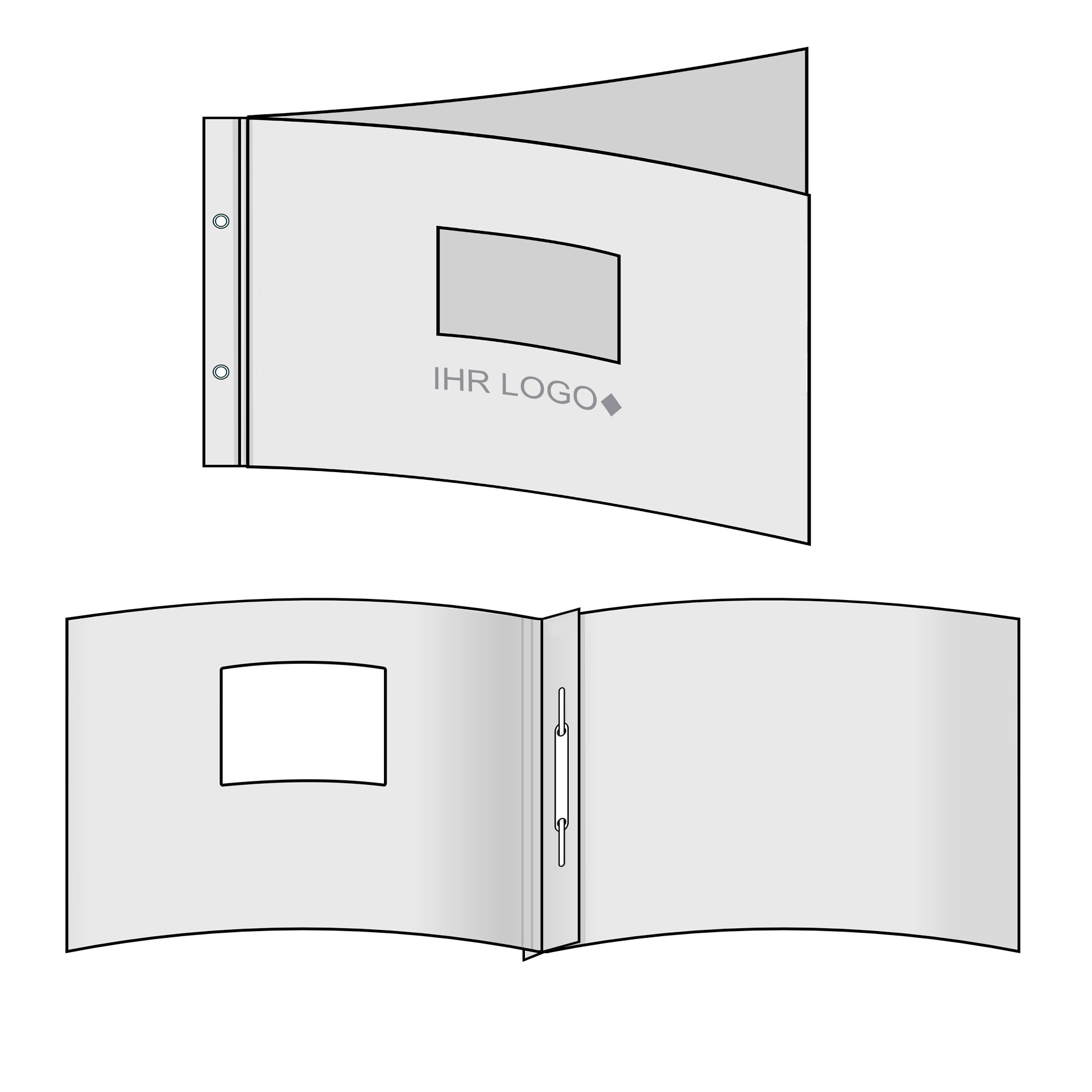 Bindemappen & Vertragsmappen A4 quer - Beispiel einer Vollkartonmappe für Präsentationen, mit Sicht-Fenster und Logo (Ansicht außen/innen) mit Abheftvorrichtung/Abheftmechanik im Querformat mit Logo. Grafik: Bindemappen & Vertragsmappen A4 quer - Beispiel einer Vollkartonmappe für Präsentationen, mit Sicht-Fenster und Logo (Ansicht außen/innen) mit Abheftvorrichtung/Abheftmechanik im Querformat mit Logo.