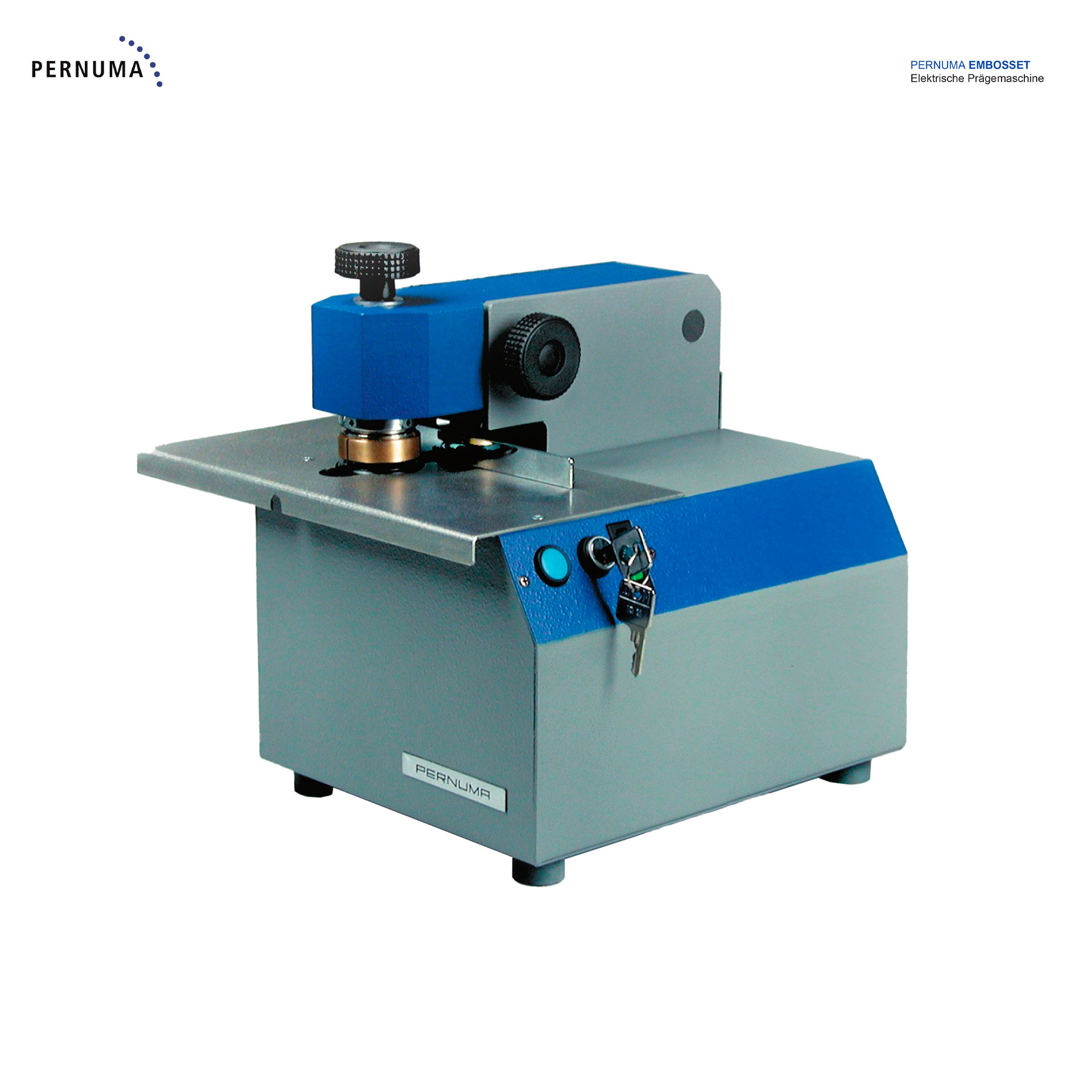 Produktansicht der PERNUMA EMBOSSET elektrischen Prägemaschine mit Gehäuse, Prägetisch, Bedienelementen und Stempelaufnahme.