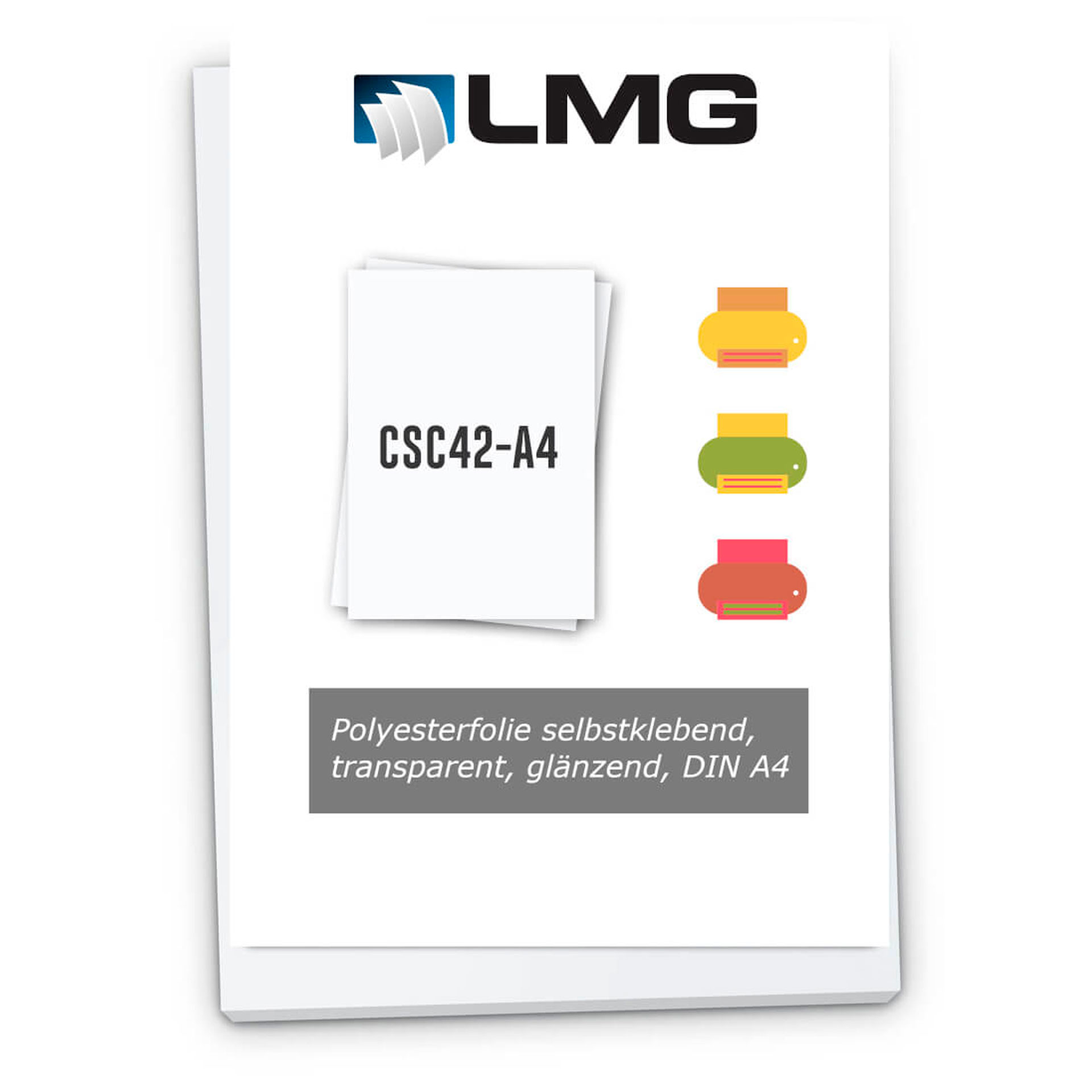 LMG-Produktdarstellung mit Folienstapel und Aufschrift „Polyesterfolie selbstklebend, transparent, glänzend, DIN A4“