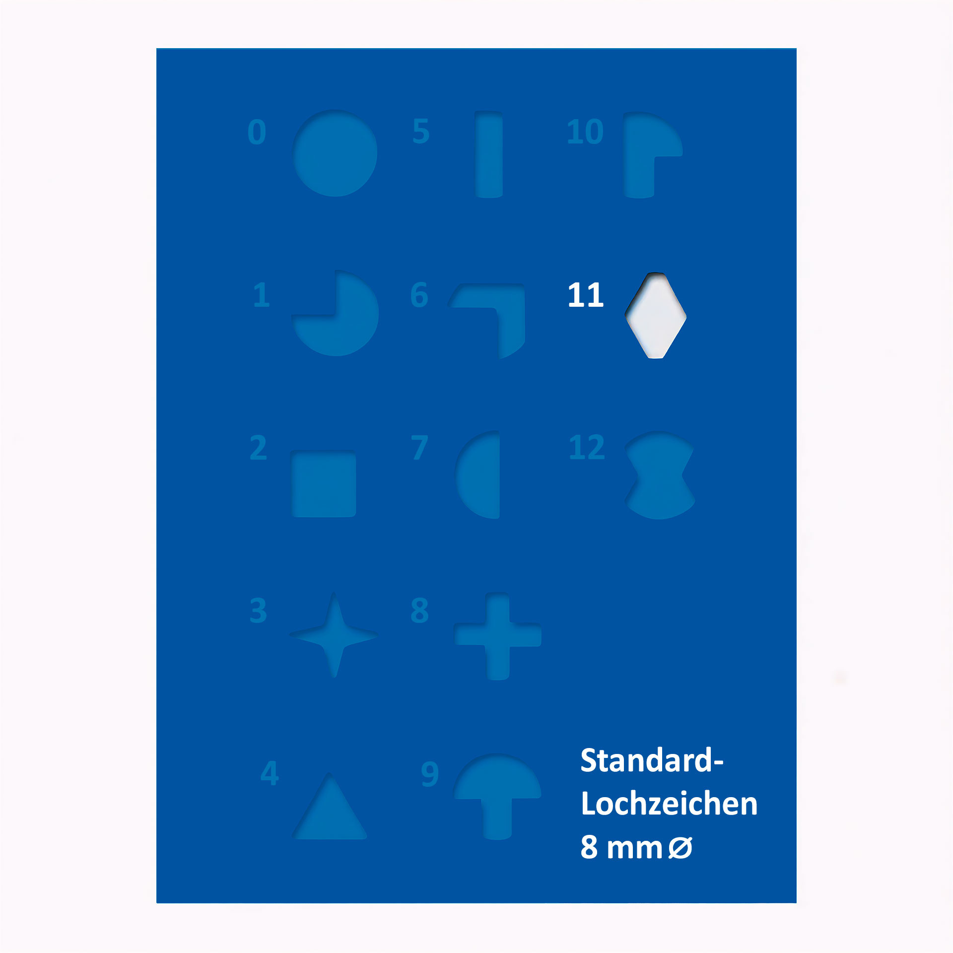 Lochzeichen Nr. 11 Raute Übersichtstafel mit verschiedenen 8-mm-Lochzeichen; hervorgehoben ist das Symbol Nr. 11 als rautenförmige Form.