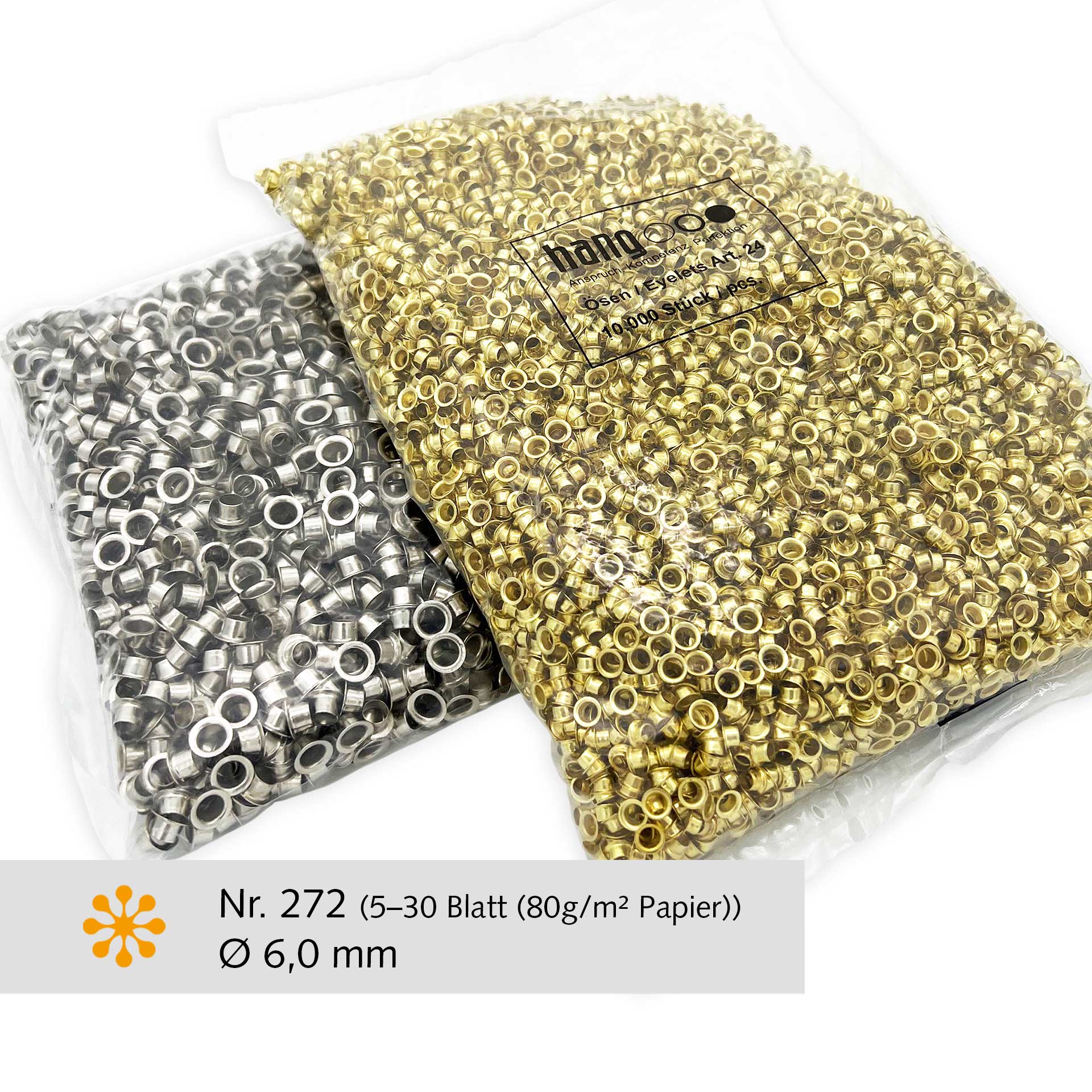 HANG Ösen Nr. 272, Eisen-vernickelt, 5.000 Stk. (für HANG Ösmaschine / Ösapparat / Ösgerät) HANG Ösen Nr. 272, Eisen-vernickelt, 5.000 Stk. (für HANG Ösmaschine / Ösapparat / Ösgerät)