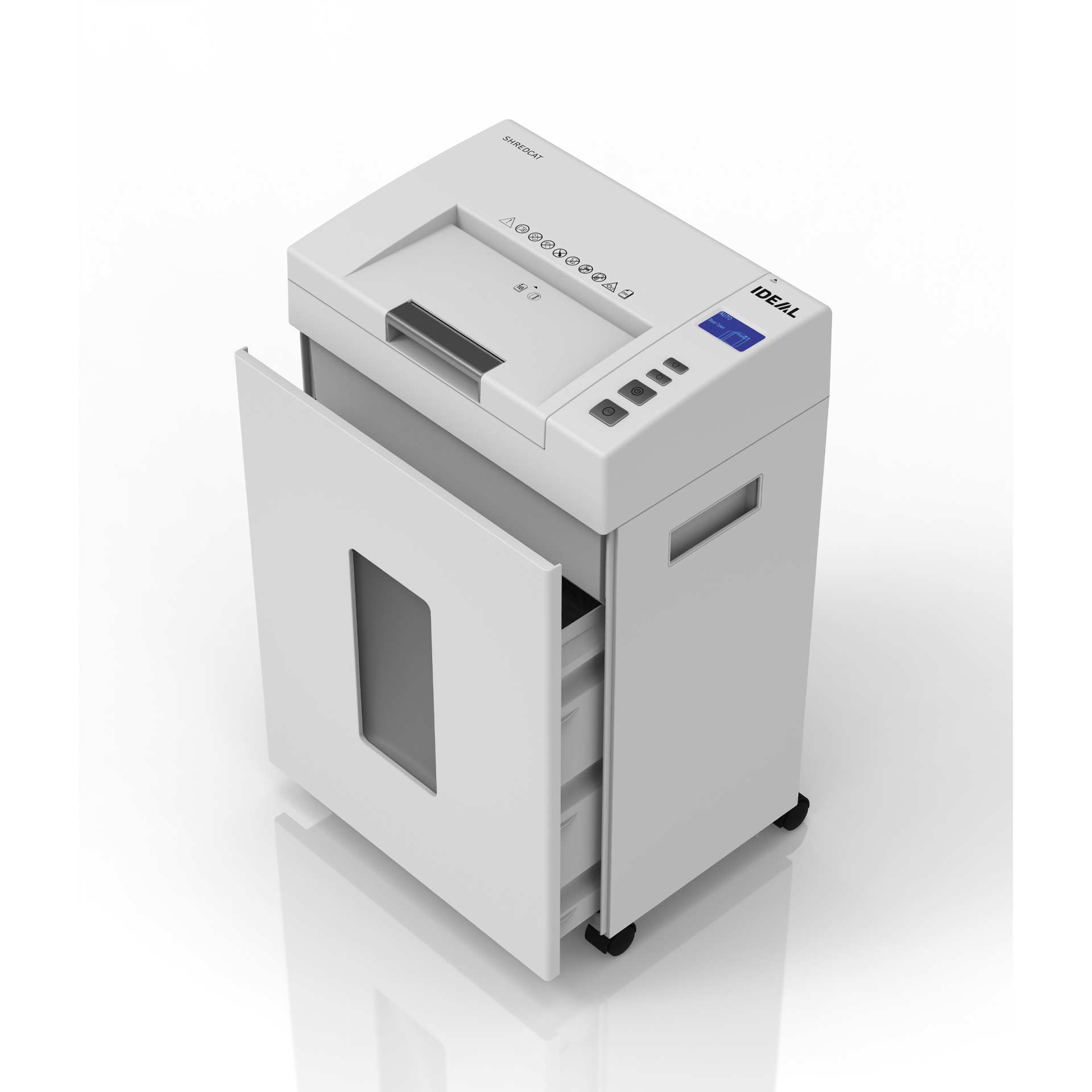 ideal shredcat 8292 cc aktenvernichter, rechte ansicht auf Seitengriffe und geöffneter Lade des Schnittgutbehaelters