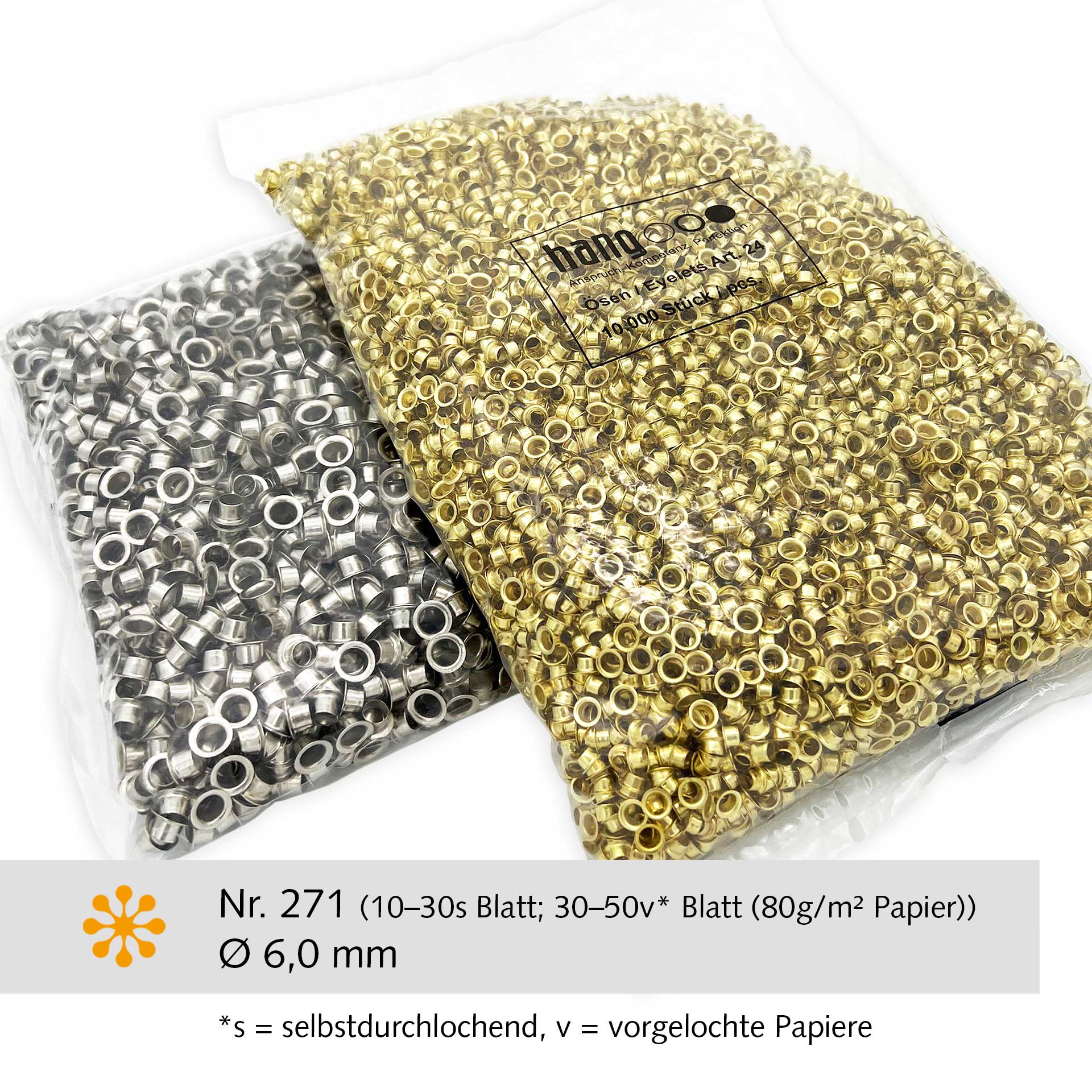 HANG Ösen Nr. 271, Eisen-vernickelt, 5.000 Stk. (für HANG Ösmaschine / Ösapparat / Ösgerät) HANG Ösen Nr. 271, Eisen-vernickelt, 5.000 Stk. (für HANG Ösmaschine / Ösapparat / Ösgerät)