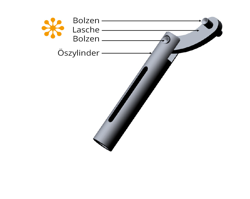 HANG Öszylinder mit Lasche und Bolzen Beschriftete Darstellung eines Öszylinders mit länglicher Öffnung, gebogener Lasche und zwei markierten Bolzen.