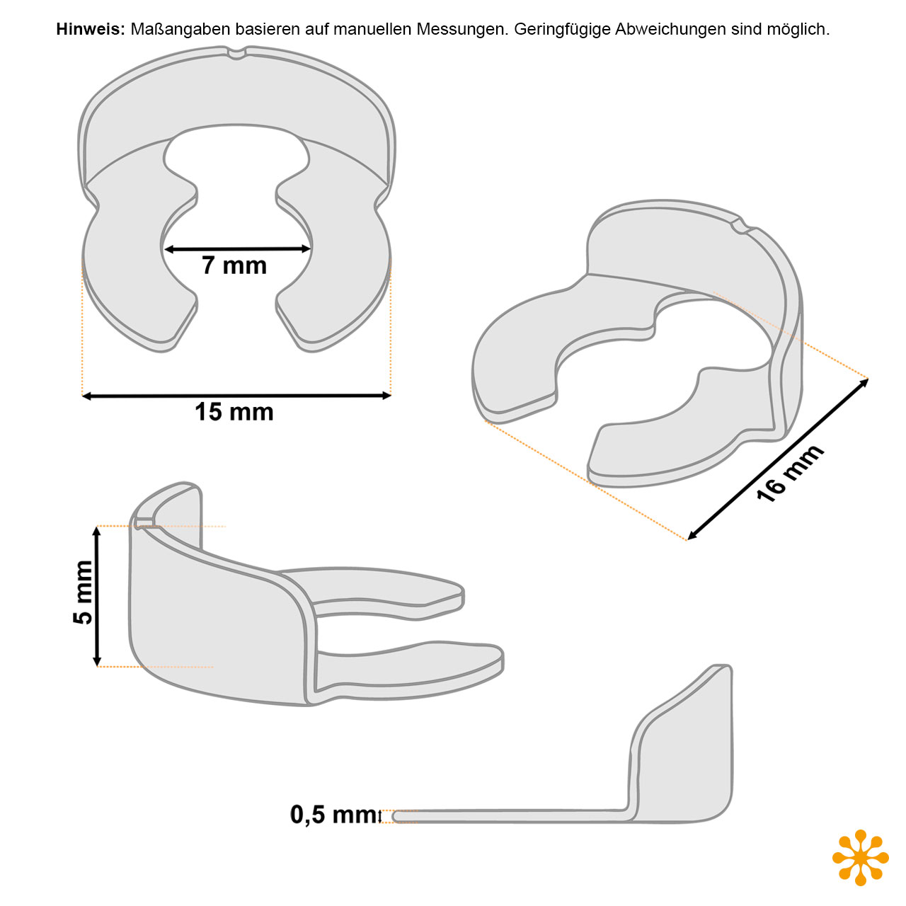 Technische Maßzeichnung der KL-Sicherung mit mehreren Ansichten. Dargestellt sind Außenbreite 15 mm, Gesamtlänge 16 mm, Innenöffnung 7 mm, Höhe 5 mm und Materialstärke 0,5 mm.