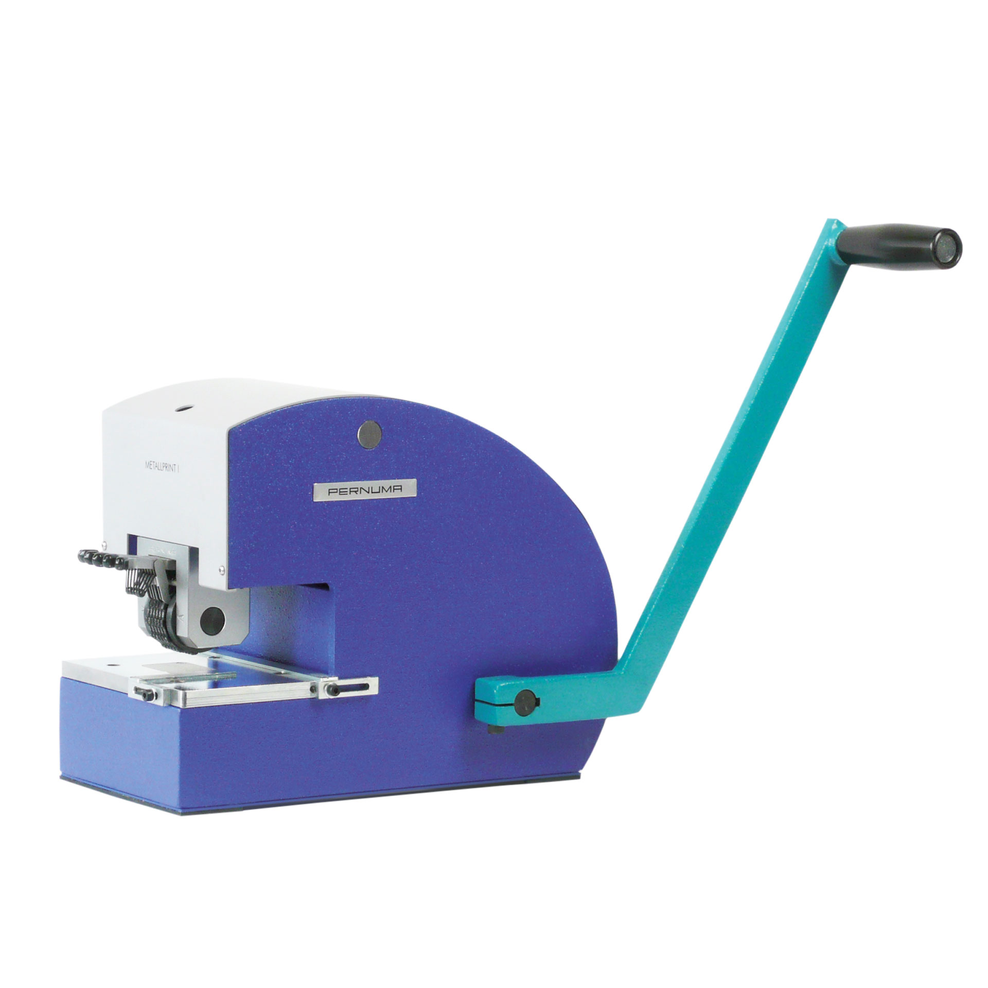 PERNUMA METALLPRINT I Metallprägemaschine Seitliche Ansicht des manuellen PERNUMA METALLPRINT I Prägegeräts mit blauem Gehäuse, sichtbarer Prägeeinheit und langem Handhebel auf der rechten Seite