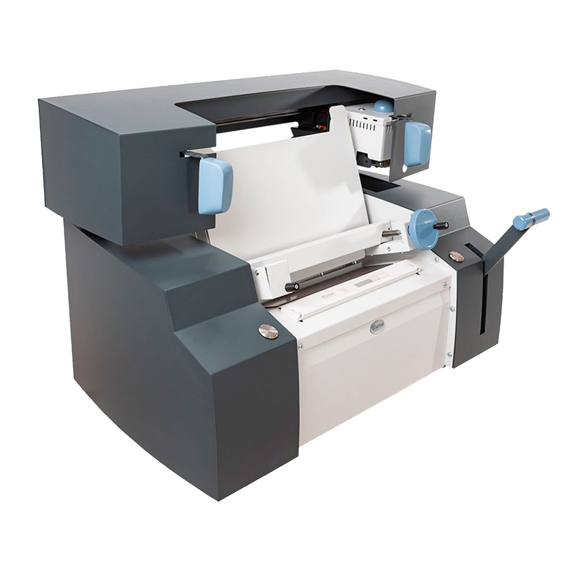 Fastbind ONE Handy in schräger Seitenansicht mit geöffneter Buchauflage, Handrad und ausgeklapptem Hebel