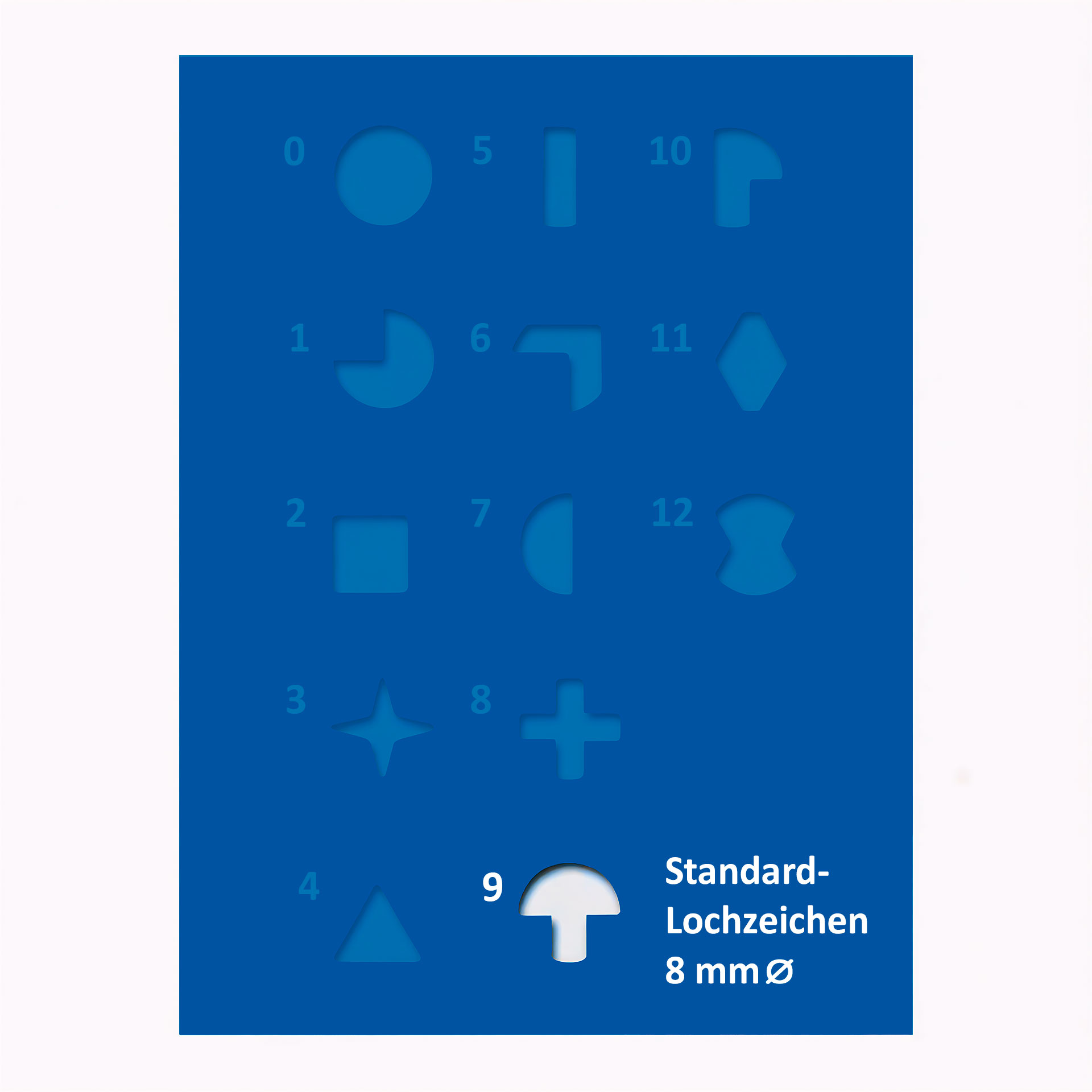 Lochzeichen Nr. 9 Pilzform Übersichtstafel mit verschiedenen 8-mm-Lochzeichen; hervorgehoben ist das Symbol Nr. 9 als pilzförmige Form.