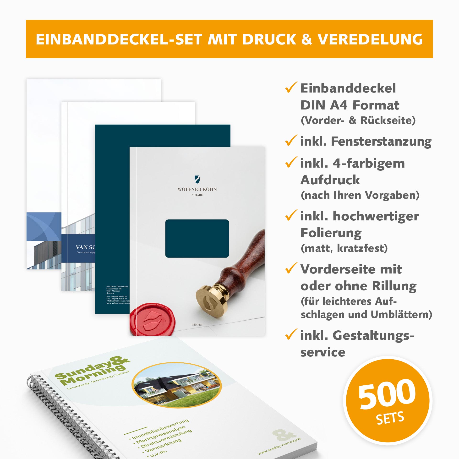 Einbanddeckel-Set DIN A4, inkl. Sichtfenster, Rillung, Folierung, Druck- & Layoutservice (500 Stk) Einbanddeckel-Set DIN A4, inkl. Sichtfenster, Rillung, Folierung, Druck- & Layoutservice (500 Stk)