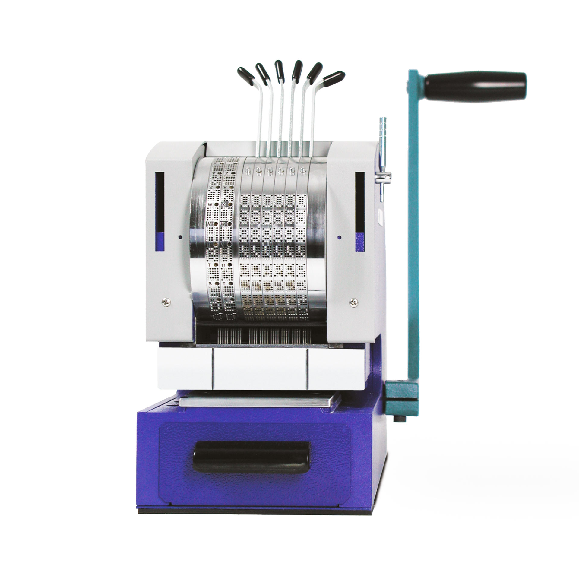 PERNUMA PERFOSTAR Perforiermaschine Frontalansicht PERNUMA PERFOSTAR handbetriebene Perforiermaschine in Frontalansicht mit sichtbarem Räderwerk, mehreren Einstellhebeln oben und seitlichem Handhebel rechts.