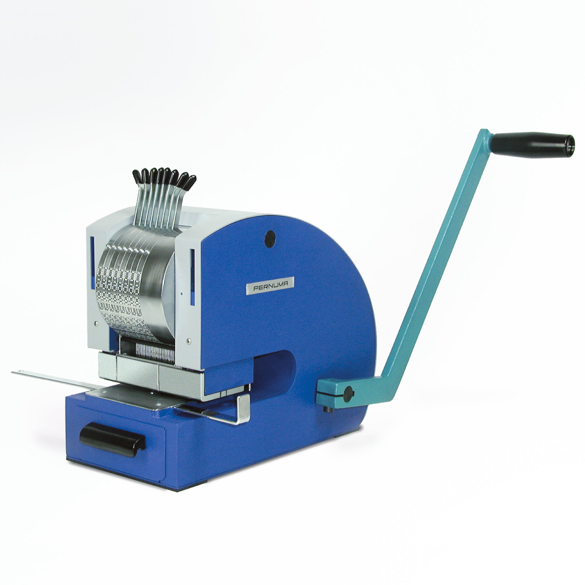 PERNUMA PERFOSTAR Perforiermaschine PERNUMA PERFOSTAR handbetriebene Perforiermaschine in schräger Frontansicht mit blauem Gehäuse, sichtbarem Räderwerk, Einstellhebeln und seitlichem Handhebel.