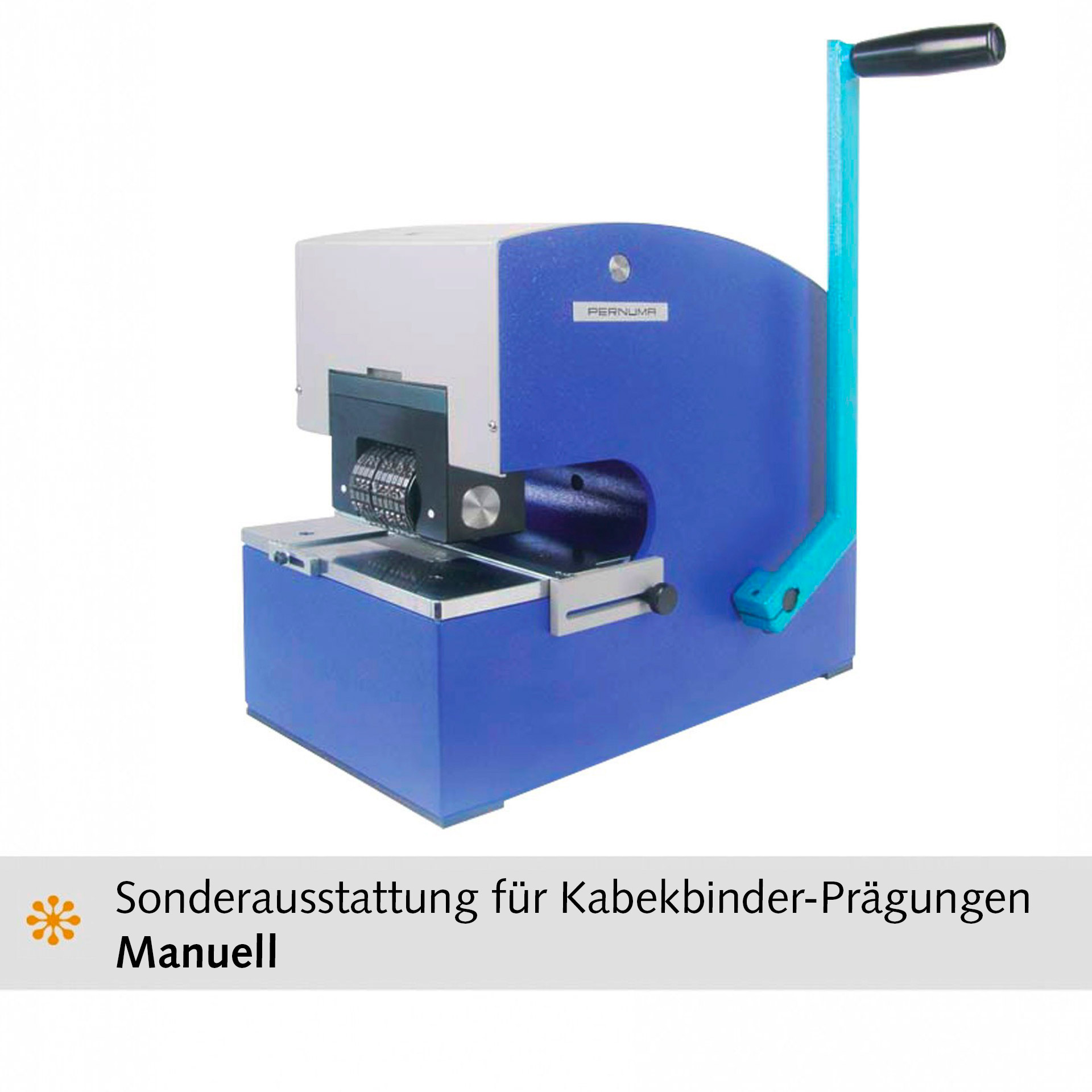 PERNUMA METALLPRINT II für Kabelbinderprägung in schräger Vorderansicht: blau-graues Gehäuse, Prägebereich vorne und langer türkisfarbener Handhebel mit schwarzem Griff rechts.