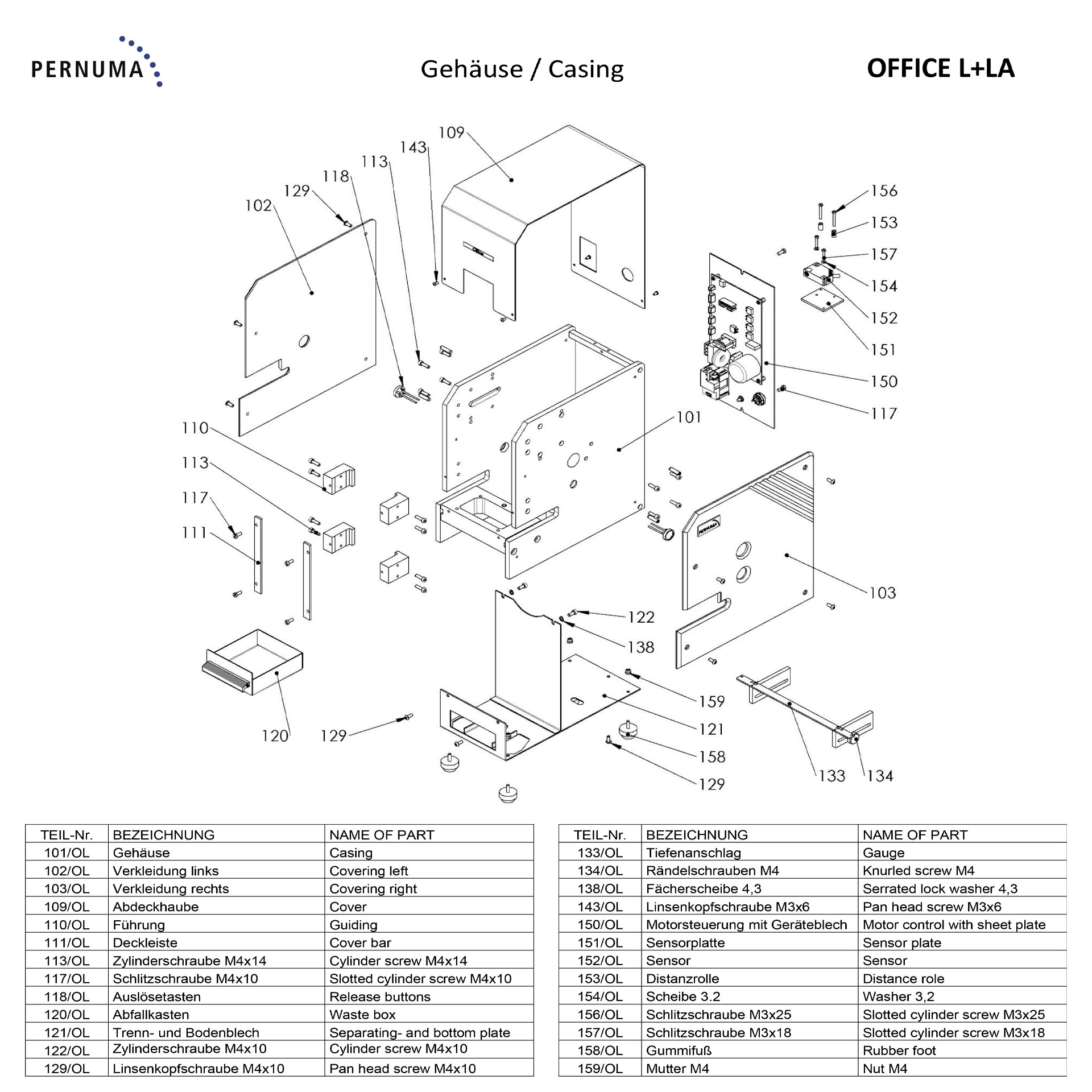 Gehäuse Ersatzteile PERNUMA OFFICE L+LA Explosionsansicht der Gehäusebaugruppe der PERNUMA OFFICE L+LA mit Seitenverkleidungen, Abdeckhaube, Motorsteuerung, Sensorik und Standfüßen.
