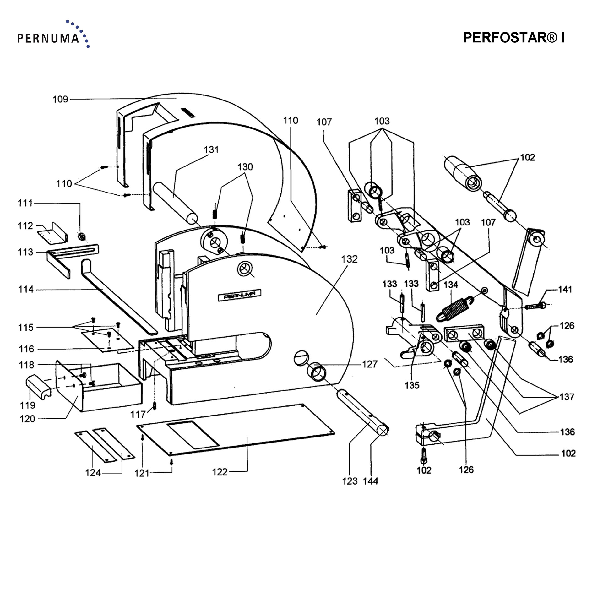 Explosionszeichnung der Abdeckhaube der PERNUMA PERFOSTAR I mit gebogener Maschinenhaube, Befestigungsschrauben und Positionierung am oberen Gehäusebereich.