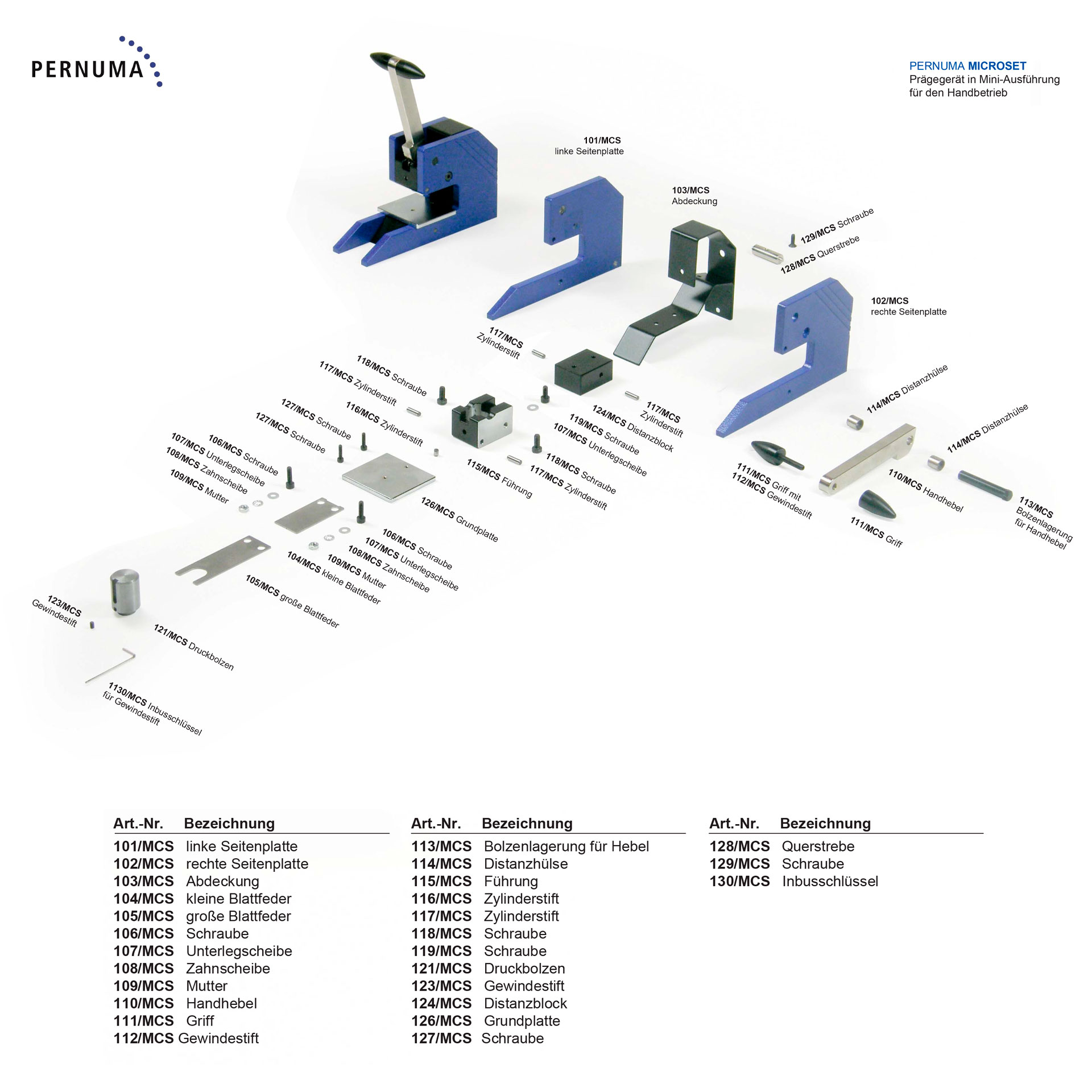 Explosionszeichnung mit vollständiger Übersicht der Ersatzteile für das PERNUMA MICROSET Prägegerät in Mini-Ausführung für den Handbetrieb. Dargestellt sind Seitenplatten, Abdeckung, Hebelmechanik, Führung, Druckbolzen sowie Schrauben und Verbindungseleme