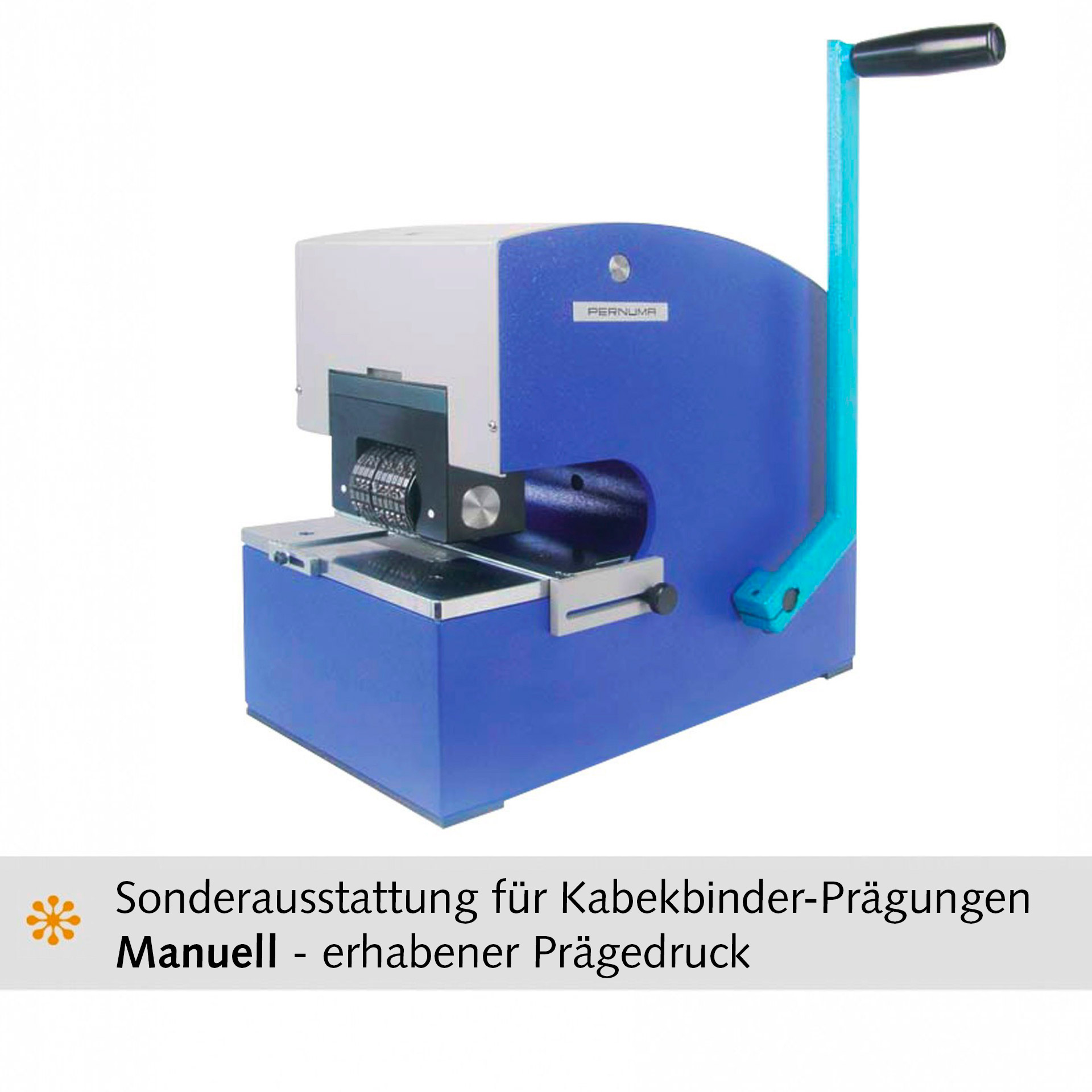PERNUMA METALLPRINT III, manuelles Prägegerät für erhabene Prägungen PERNUMA METALLPRINT III für Kabelbinderprägung in schräger Vorderansicht: blau-graues Gehäuse und türkisfarbener Handhebel rechts. Bildhinweis: „Manuell – erhabener Prägedruck“.
