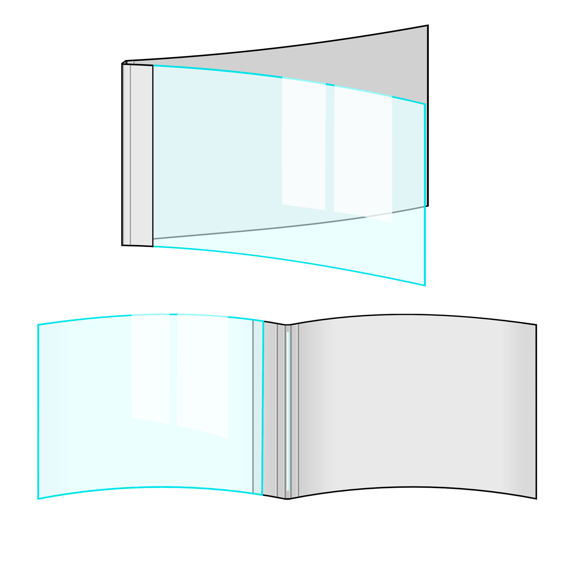 Grafik: Thermobindemappen A4 quer - Beispiel Thermobindemappen mit Folien-Cover (kristallklar) im Querformat (Ansicht außen/innen).