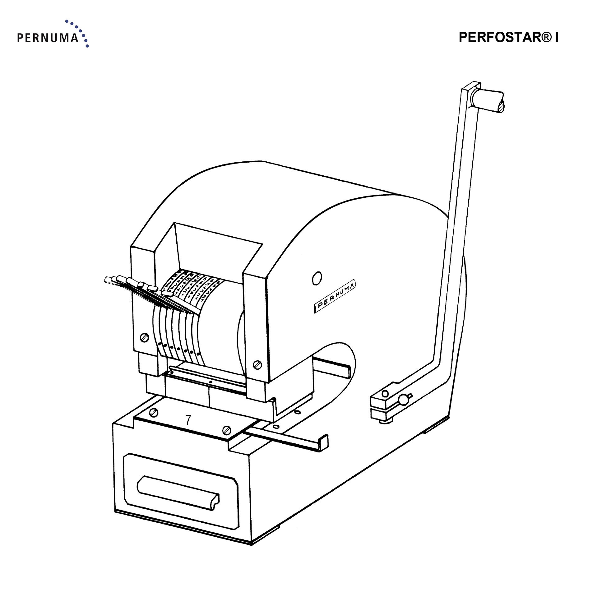 Gesamtansicht der PERNUMA PERFOSTAR I Isometrische Gesamtansicht der PERNUMA PERFOSTAR I mit Gehäuse, Handhebel, Räderwerk, Schnitteinheit, Seitenanschlägen und Abfallkasten in montiertem Zustand.