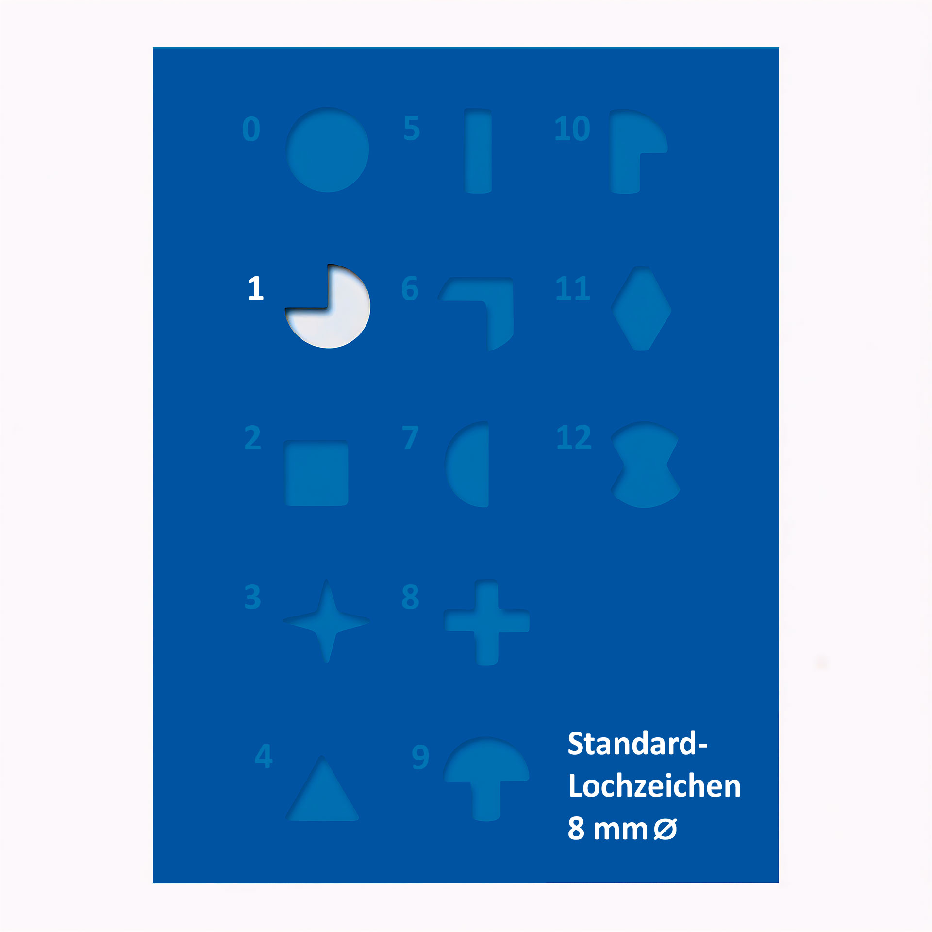 Übersichtstafel mit verschiedenen 8-mm-Lochzeichen; hervorgehoben ist das Symbol Nr. 1 als Viertelkreisform.