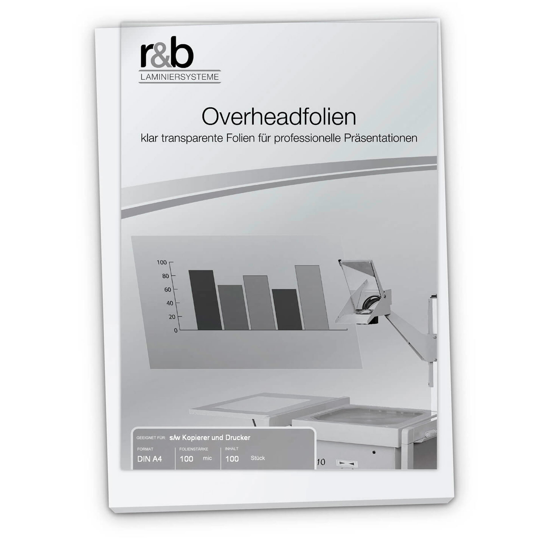 R&B Overheadfolie DIN A4 R&B-Verpackung für klar transparente Overheadfolien, DIN A4, 100 µm, 100 Stück, mit Hinweis auf Kopierer und Drucker