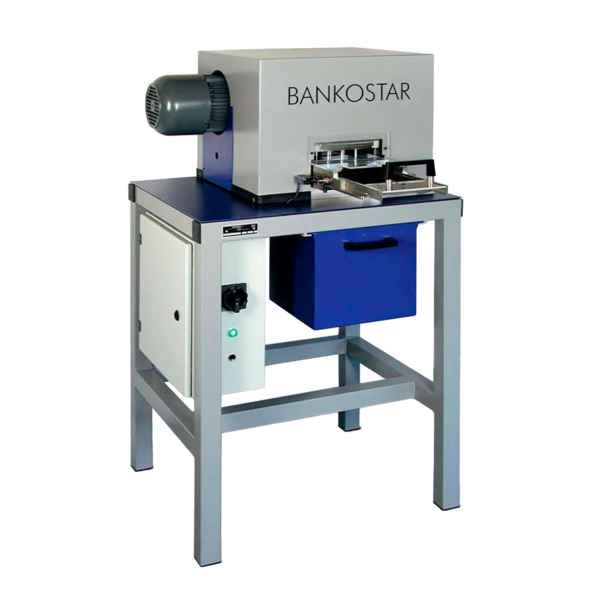 PERNUMA BANKOSTAR Banknoten-Entwertungsmaschine Frontansicht BANKOSTAR Banknoten-Entwertungsmaschine auf einem Metallgestell mit Motor an der Seite und Auffangkasten unter dem Arbeitsbereich, Frontansicht.