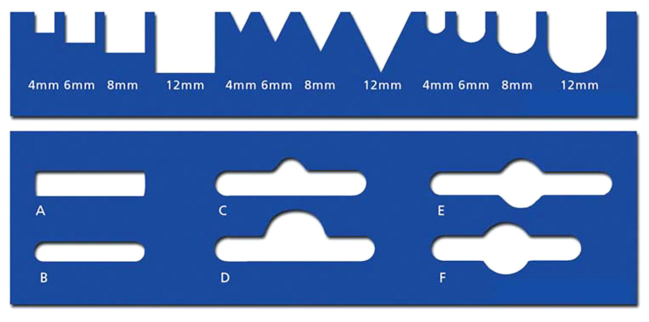 PERNUMA Kerbzeichen und Blisterloch Stanzformen Übersicht Übersicht verschiedener Kerbzeichen und Blisterloch-Stanzformen für PERNUMA Geräte mit Kerbbreiten von 4, 6, 8 und 12 mm sowie Blisterlochformen A bis F für Aufhängelochungen.
