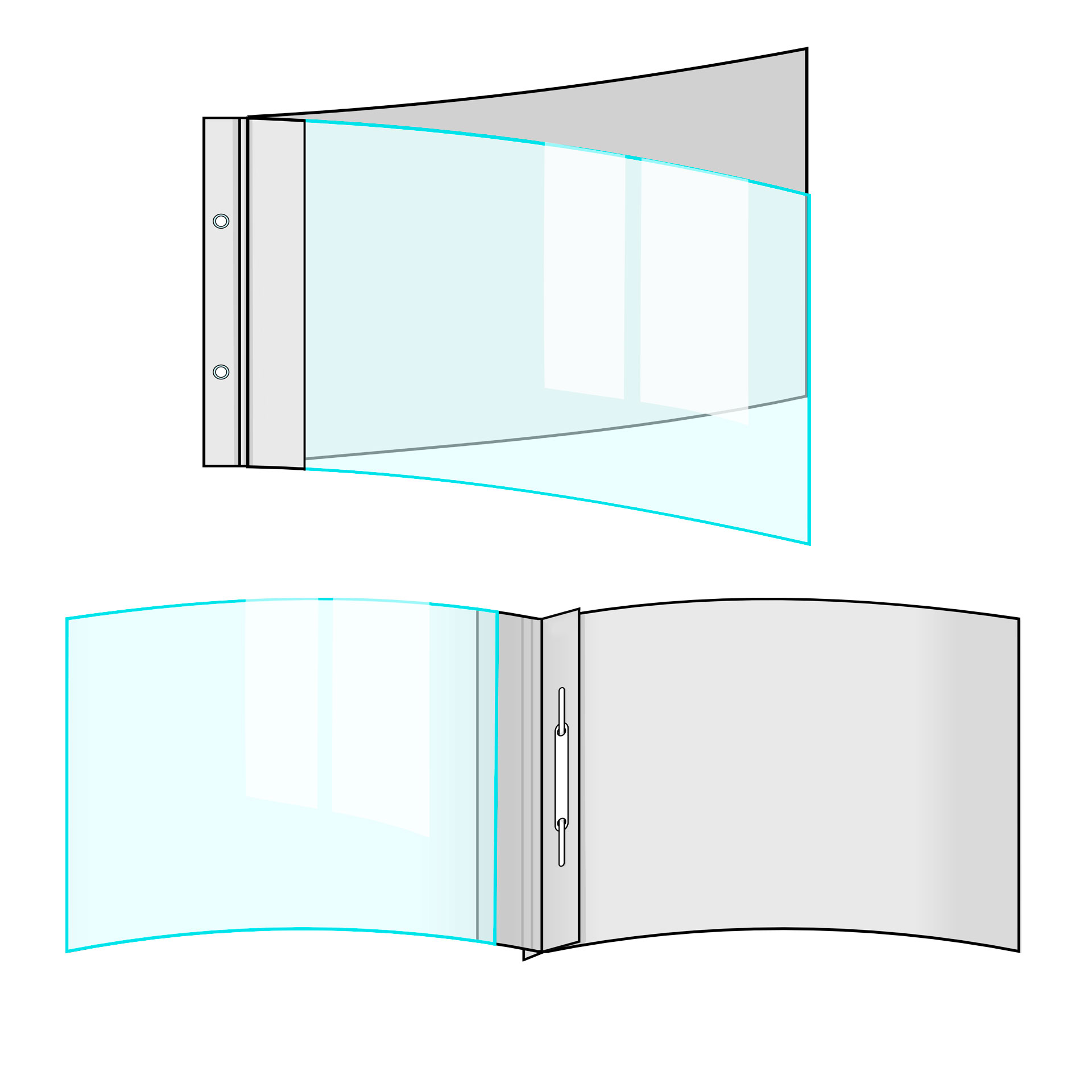 Grafik: Bindemappen & Vertragsmappen A4 quer - Beispiel Präsentationsmappen mit Abheftvorrichtung/Abheftmechanik/Abheftmechanik und mit Folien-Cover (kristallklar) im Querformat (Ansicht außen/innen).