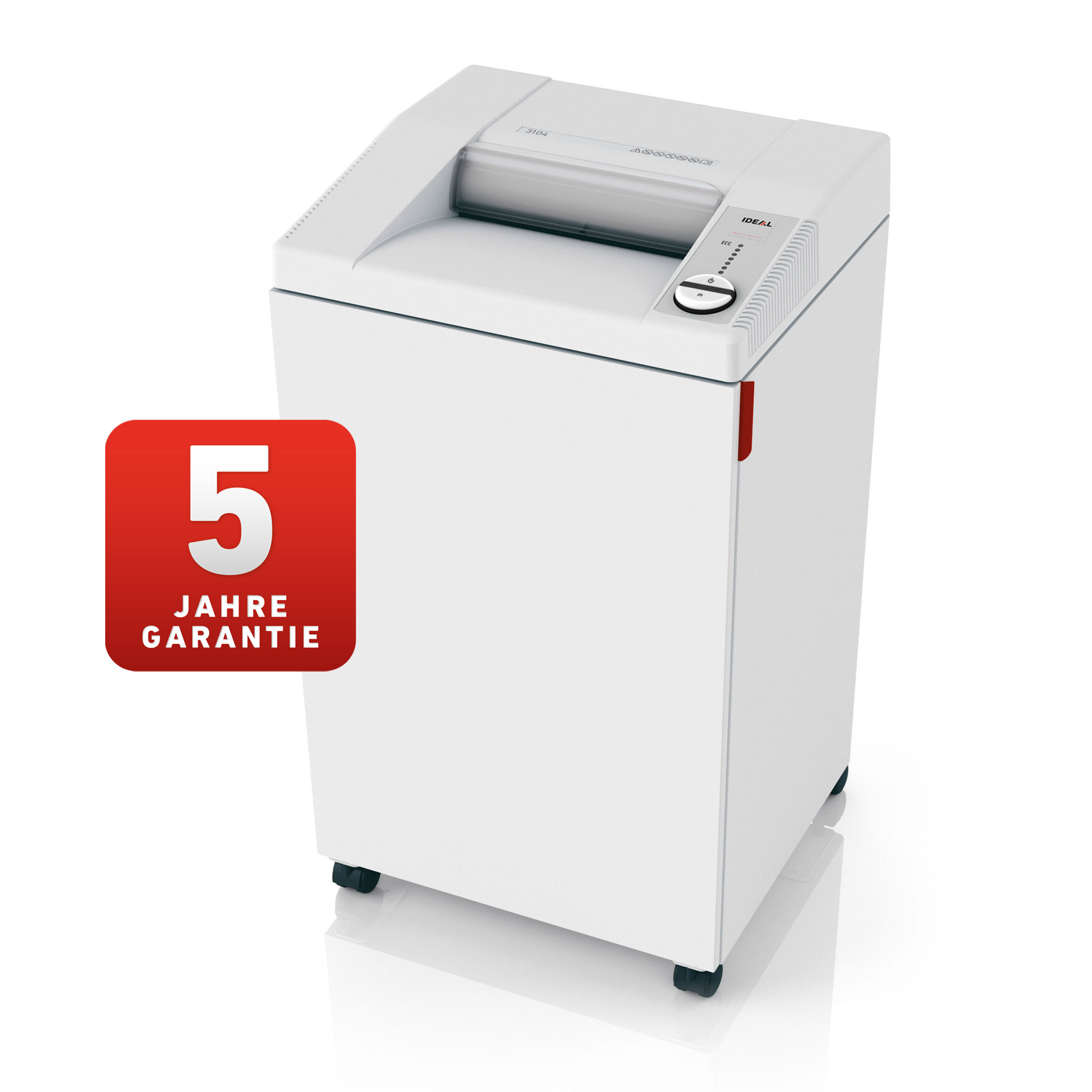 ideal 3104 cc aktenvernichter-rechte frontansicht ideal 3104 cc aktenvernichter-rechte frontansicht mit hinweis auf die 5 Jahres Garantie