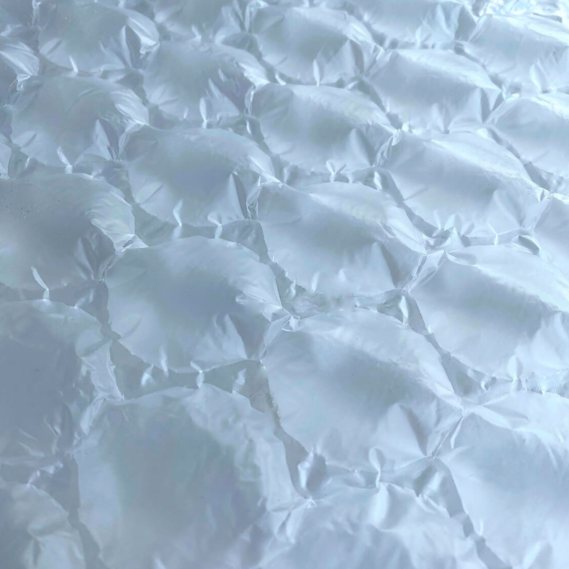Detailansicht der Luftkissenfolie mit runden Luftkammern Detailansicht einer transparenten Luftkissenfolie mit mehreren runden, aufgeblasenen Luftkammern.