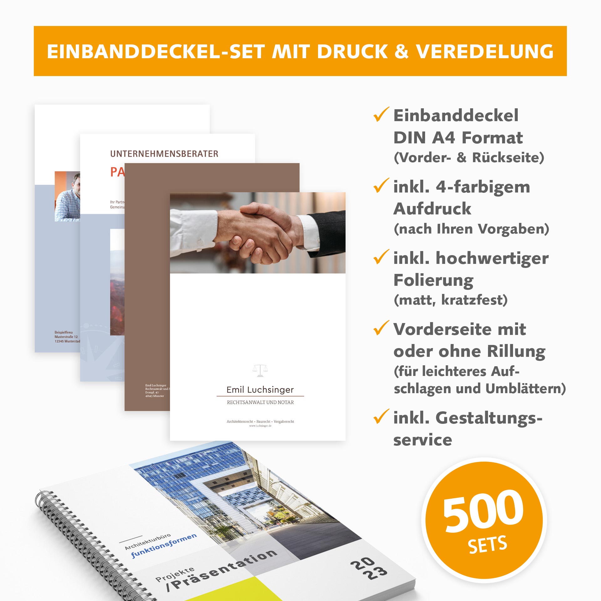 Einbanddeckel-Set DIN A4, inkl. Folierung, Druck- & Layoutservice (500 Stk) Einbanddeckel-Set DIN A4, inkl. Folierung, Druck- & Layoutservice (500 Stk)