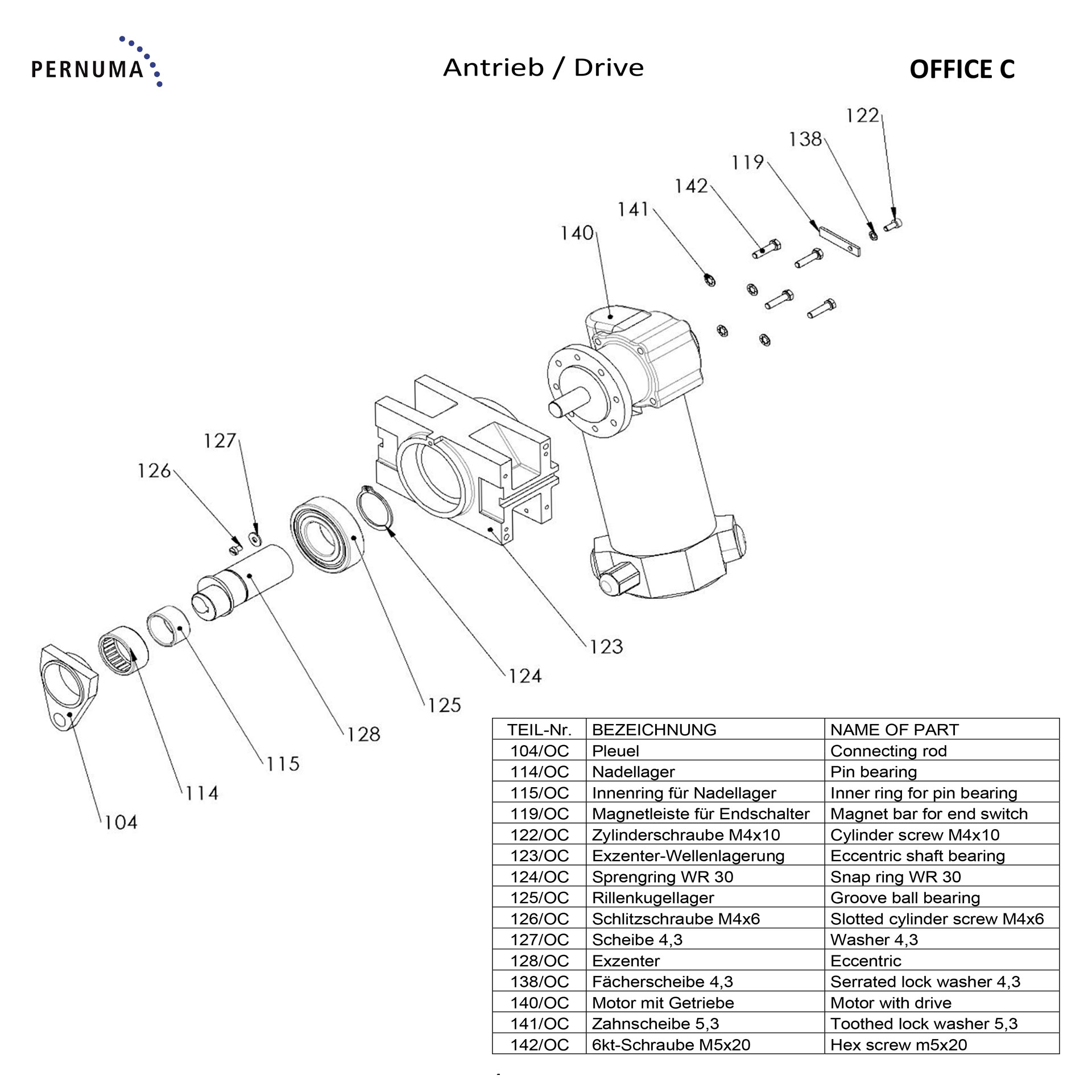 Antrieb Ersatzteile PERNUMA OFFICE C Explosionszeichnung der Antriebseinheit der PERNUMA OFFICE C mit Motor, Getriebe, Exzenter, Lagern, Pleuel und Befestigungselementen.