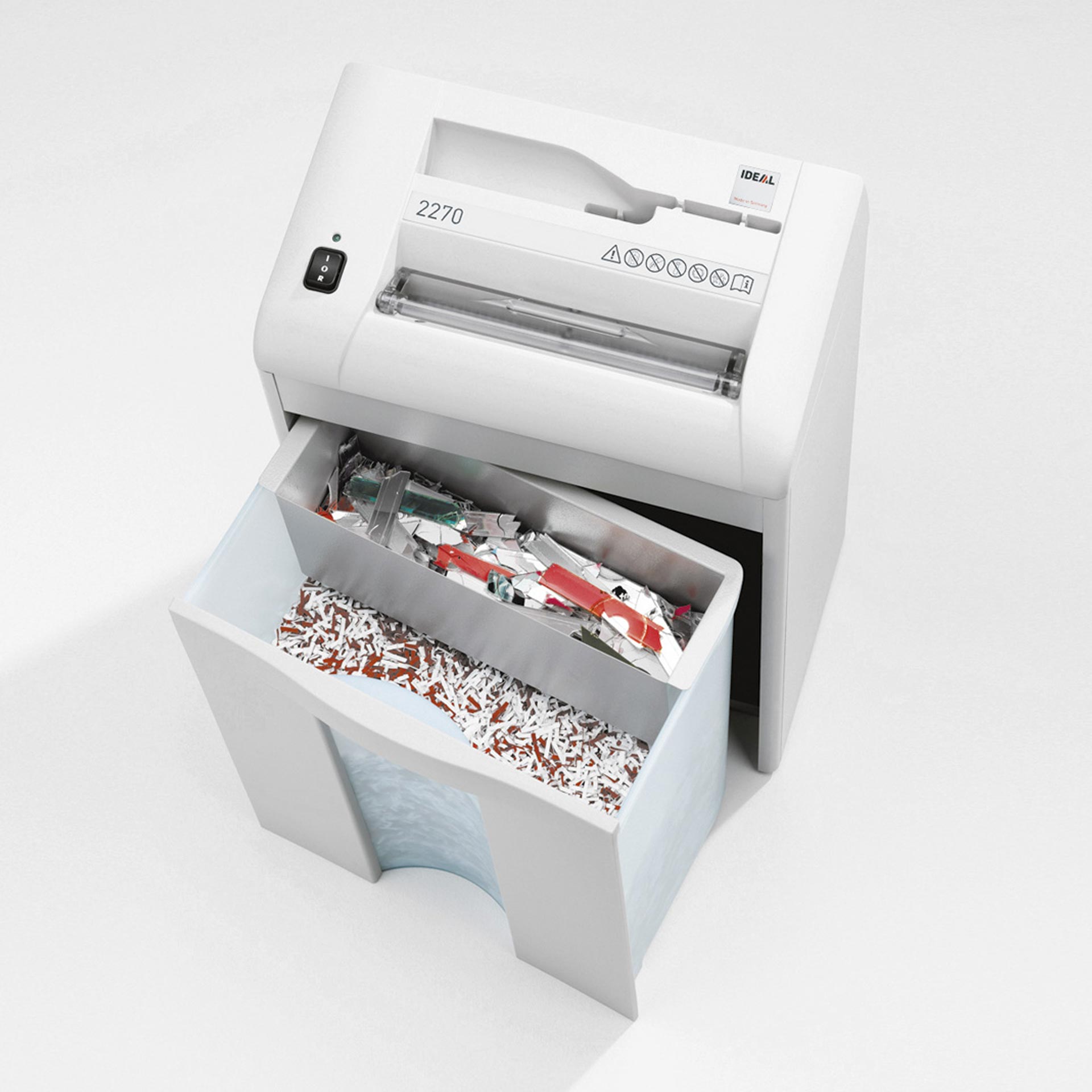 ideal 2270 aktenvernichter, draufsicht auf den herausnehmbaren behälter