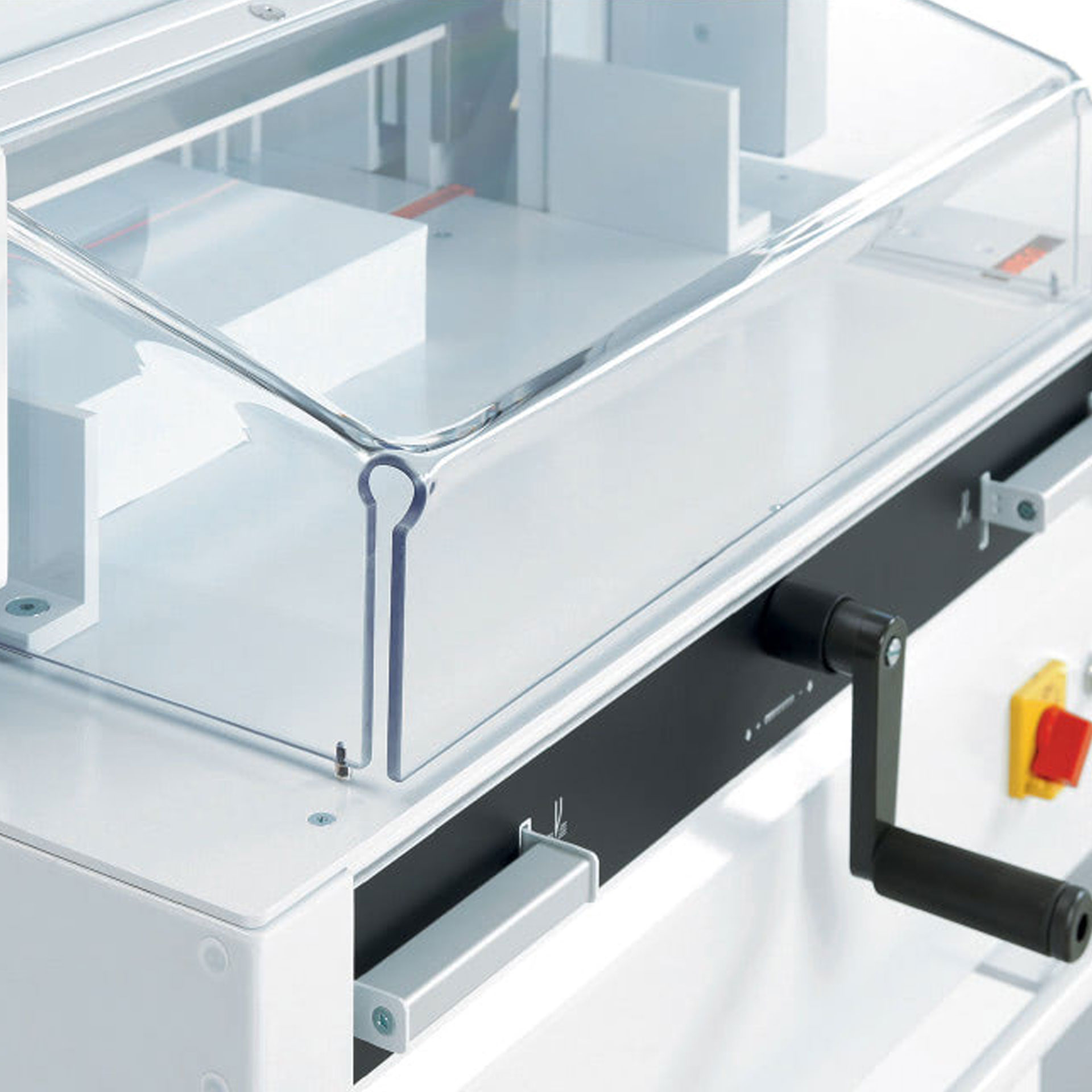 ideal stapelschneider, linke frontansicht-sicherheitsvorrichtung ideal stapelschneider, linke frontansicht auf die sicherheitsvorrichtung und handkurbel